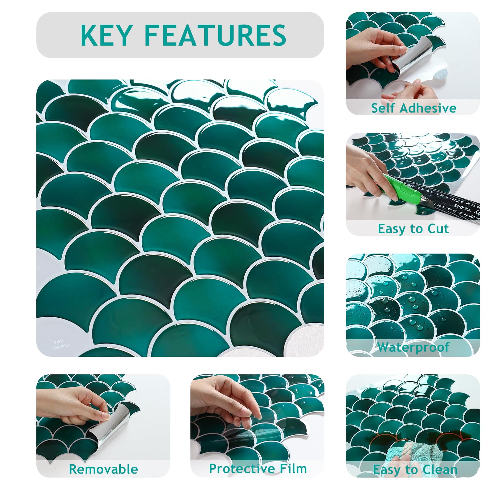 VEELIKE Zelfklevende tegels, groen, rechthoekig, 3D-tegelstickers, keuken, wandtegels, zelfklevend, badkamer, tegels, overplakken, groene tegelfolie, keuken, achterwand, tegelstickers, 30,5 cm x 30,5