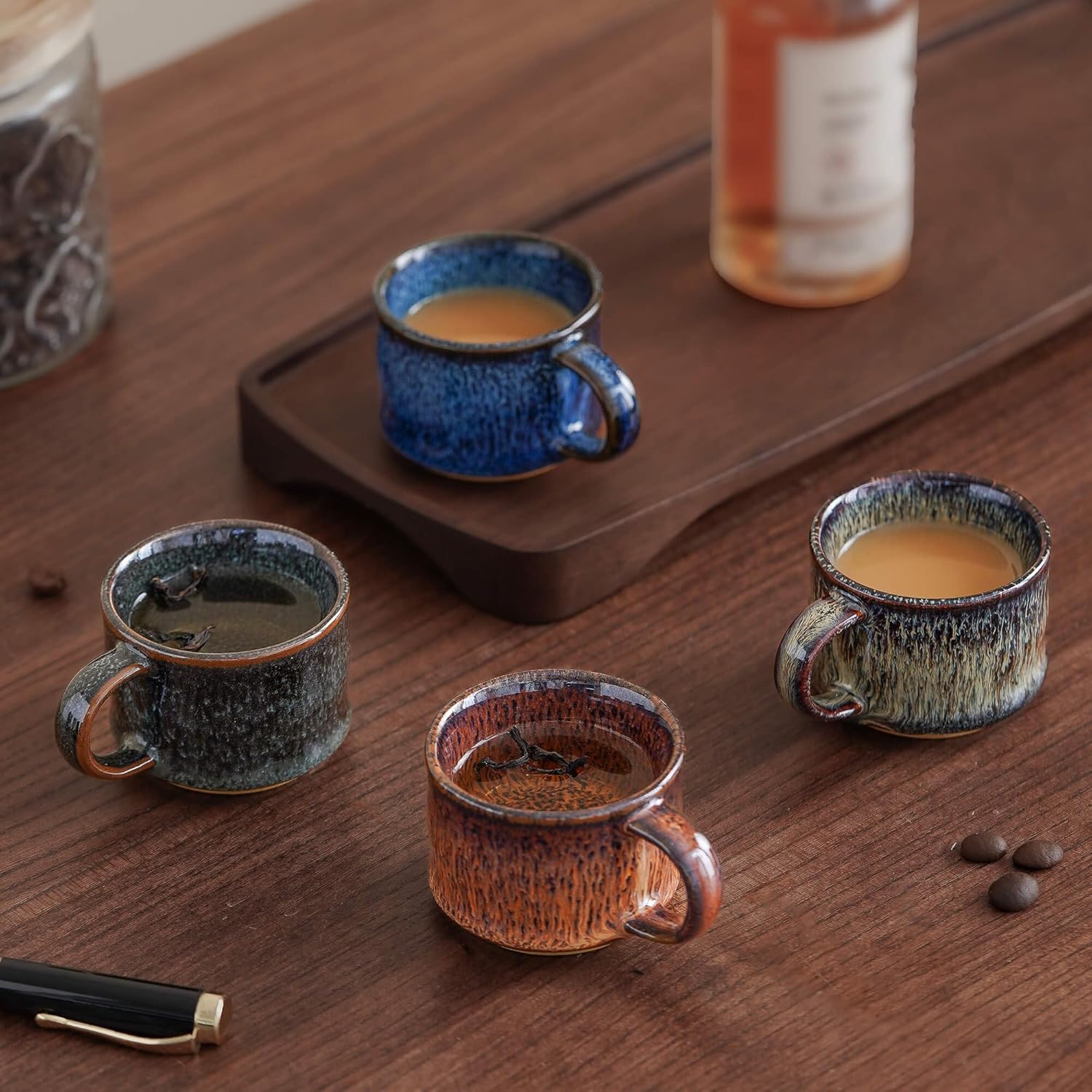 Espresso Cups Set of 2, Espresso Shot Cups, 2 ounce Ceramic Expresso Cups, 2oz Tea Cups, Demitasse Cups Set of 2 (Fluid (4-pack))