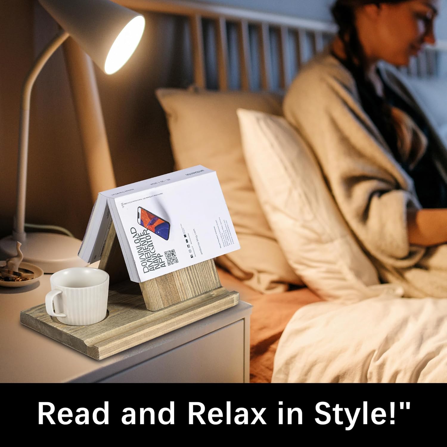 Wooden Book Rest Stand, Besuerte Triangle Book Holder with Coffee Cup Tray, Gifts for Book Lovers No Assembly Needed, Book Nook Reading Valet, Book Minder for Bedroom, Reading Nook, Natural, Large