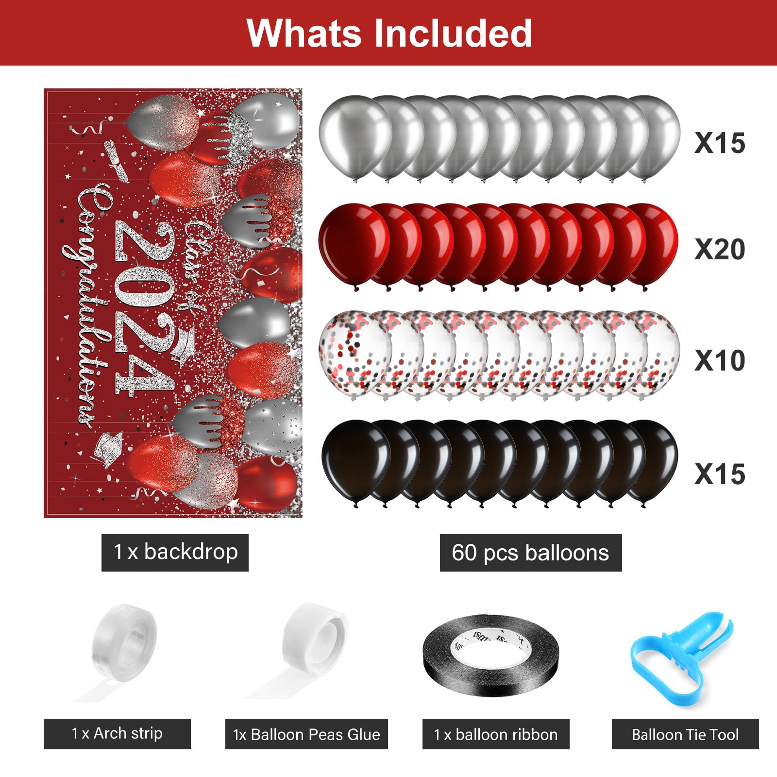 Buryeah Graduation Backdrop Decoration Set Class of 2024 Glitter Graduation Photography Background Latex Balloon Congrats Grad Backdrop Banner for Grad Theme Party Photo Prop Decor(Red and Silver)