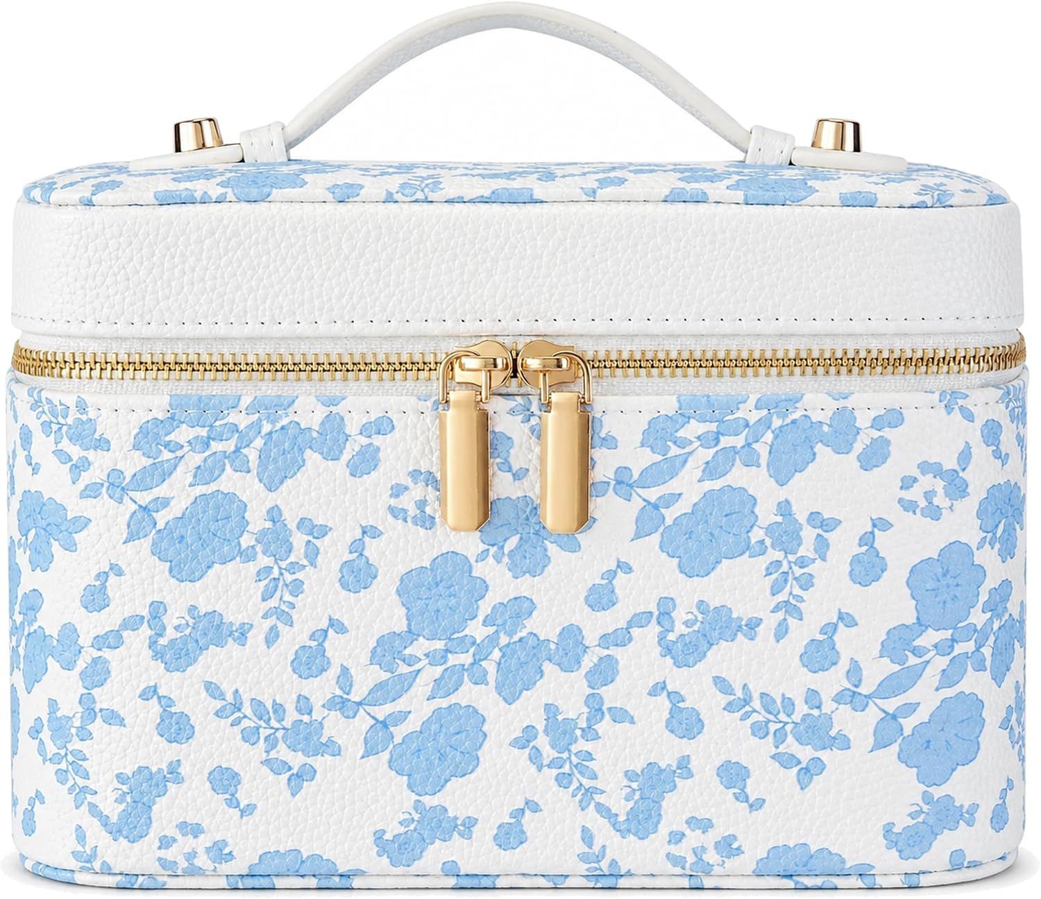 Makeup Bag Travel Toiletry Leather Cosmetic Case, Waterproof Makeup Organizer with Brush Holder, Wipe Clean Removable Divider Vanity Train Bag for Women, Vintage Blue