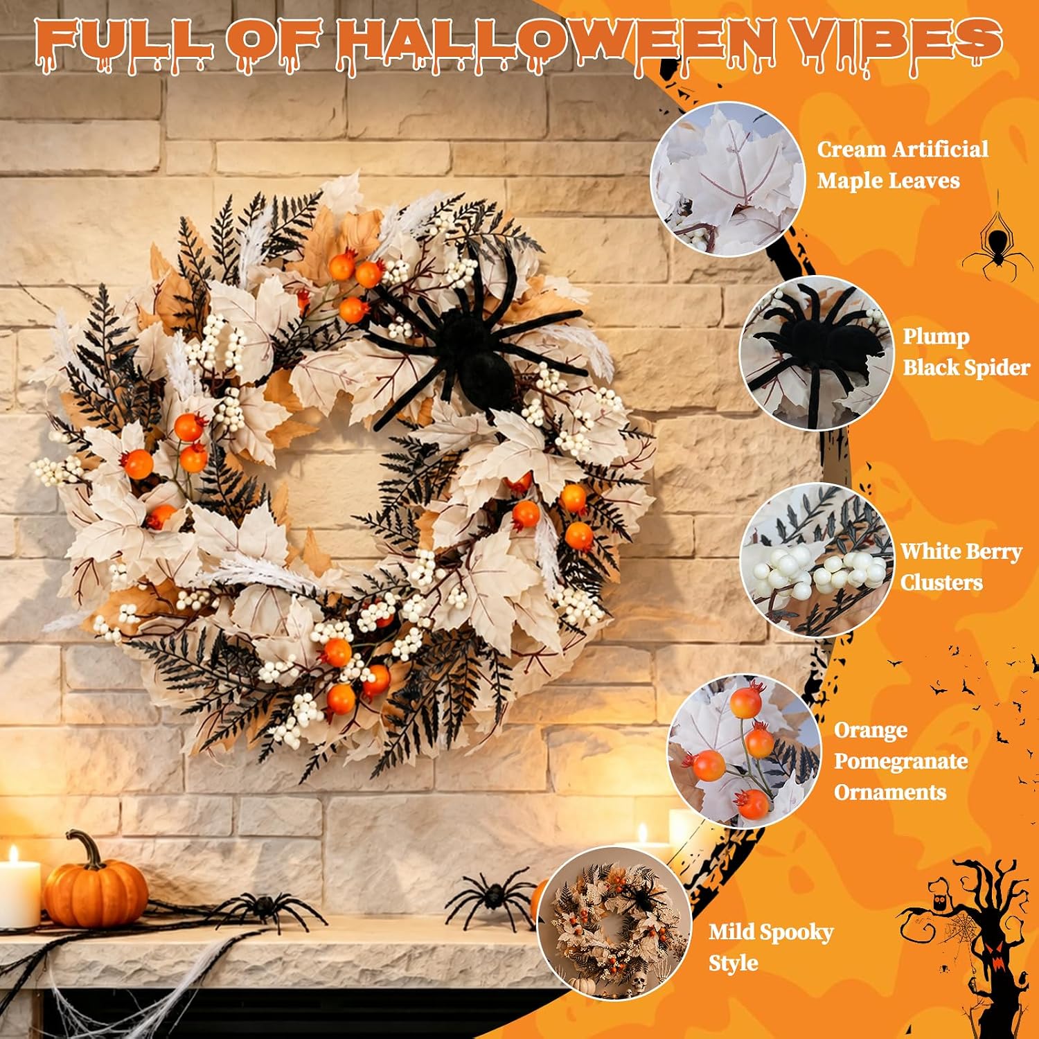 Grooy 22 Inch Halloween Wreath for Front Door with Spider Maple Leaf