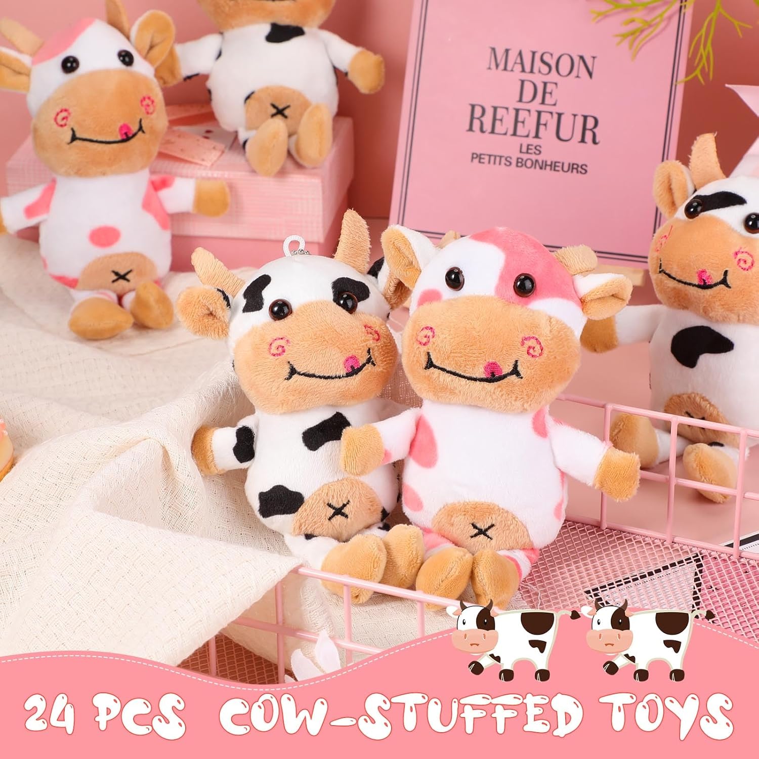 Libima 24 Pcs Plush Keychains Mini Cow Stuffed Animal Toy Farm Animal Keychain for Backpack Cute Keyring Mini Bag Charm Christmas Halloween Kindergarten Birthday Gift Cow Party Favors (Black, Pink)