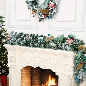 GarveeHome 6 Ft Dense Christmas Village Garland, Artificial Xmas Cedar Tree and House Garland Ornament, Holiday Garland for Mantle Fireplace Stairs Railing Table Indoor Outdoor Front Door Porch