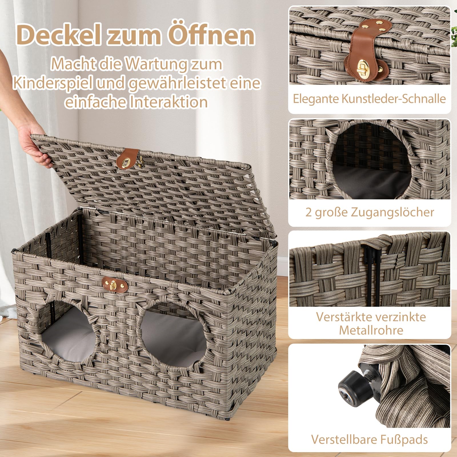 COSTWAY Katzenhaus aus PE-Rattan, Klappbar, Katzenbett mit abnehmbaren Kissen & abschließbarer Deckel, Katzenschrank für kleine mittlere Katzen, Indoor Katzenmöbel, 60 x 35 x 35 cm