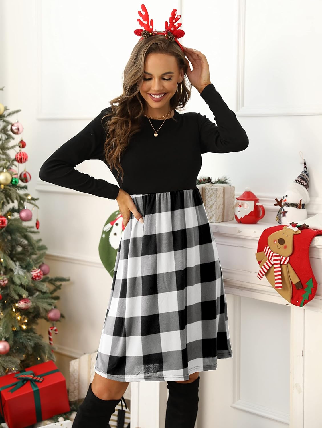 PRIMODA Women's Long Sleeve Empire Waist Buffalo Plaid Midi Swing Dress with Belt - Image 4