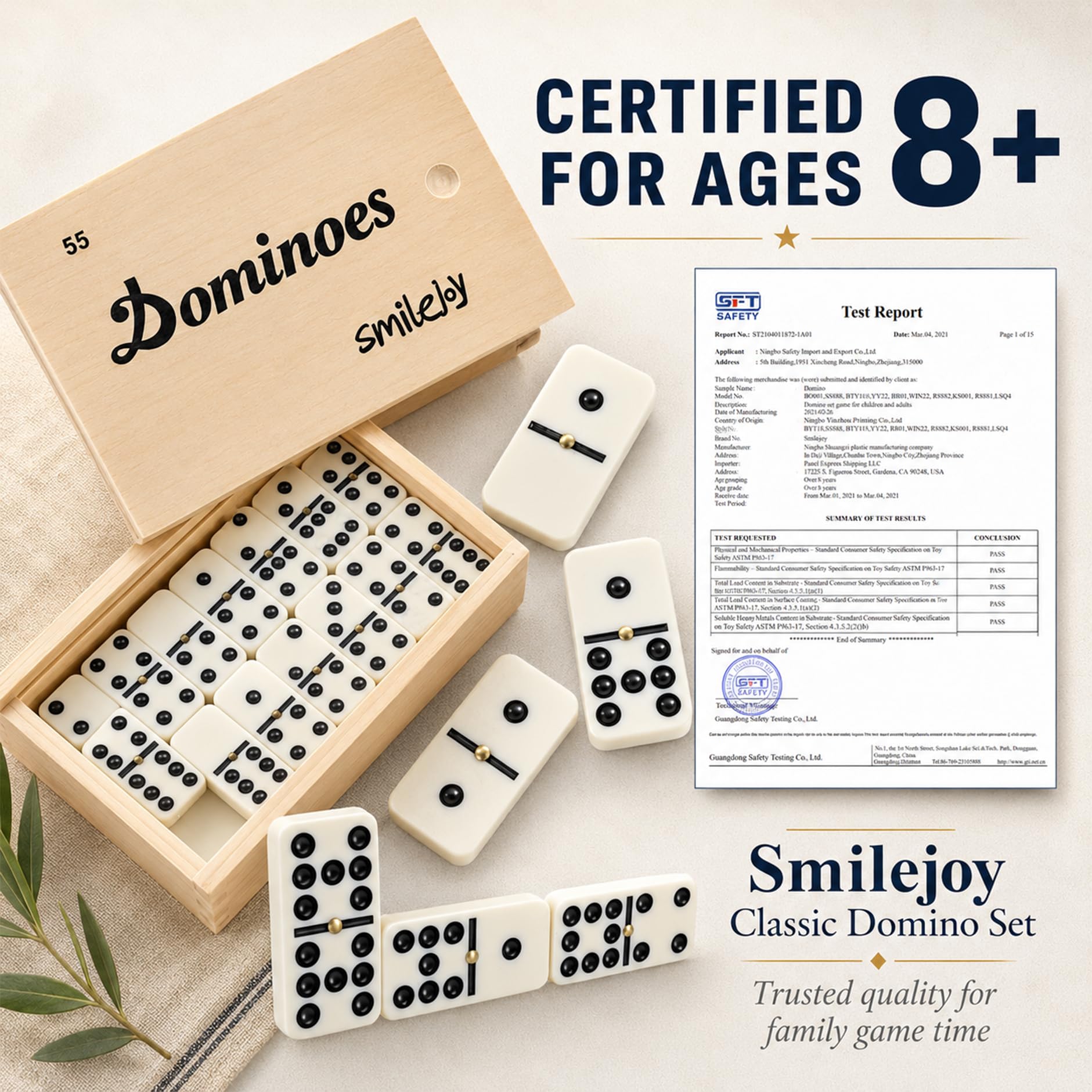 Smilejoy Set domino per adulti, doppio nove Domino Set per giochi da tavolo classici, Domino Double 9 per giochi di famiglia con custodia in legno naturale con spinner 55 pezzi