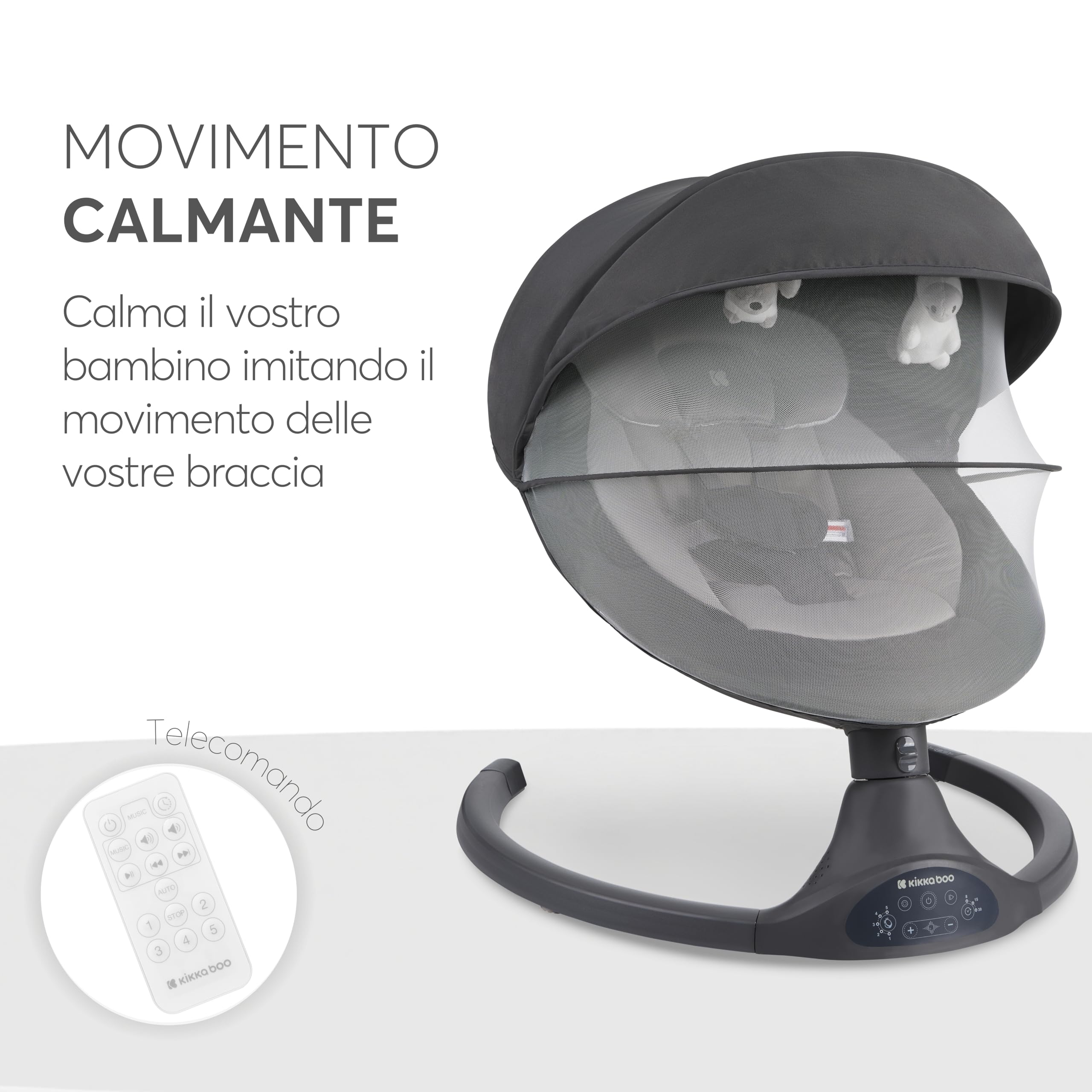 Sdraietta Neonati Elettrica KikkaBoo CODIE, Dondolo Elettrico per Neonati con Bluetooth, 5 Velocità, Schienale Regolabile, 10 Melodie, Fino a 9 kg, Grigio scuro