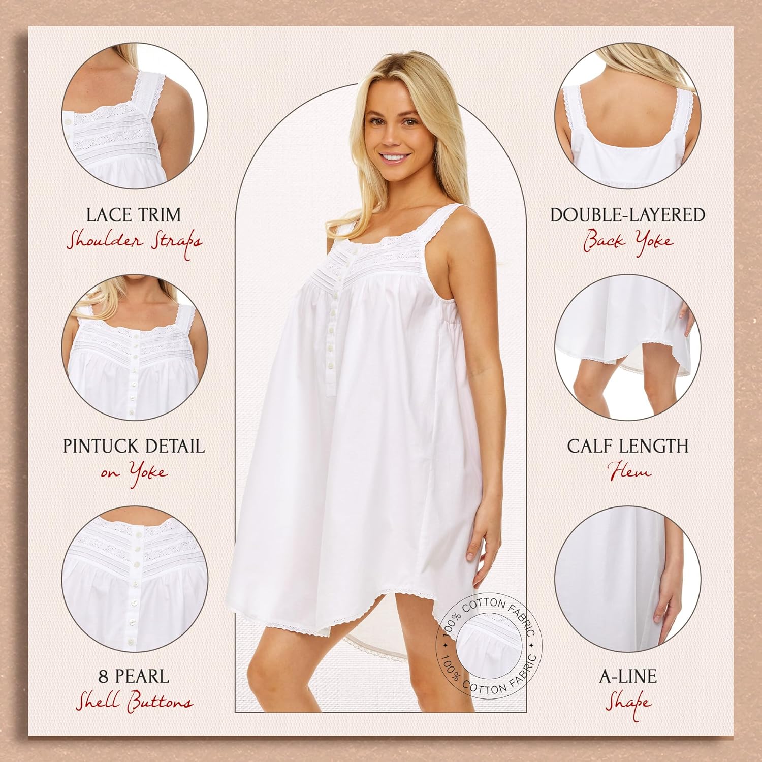 Alexander Del Rossa 100% Cotton Nightgowns for Women, Sleeveless Lace Trimmed Button Up Short Vintage Night Dress Gown