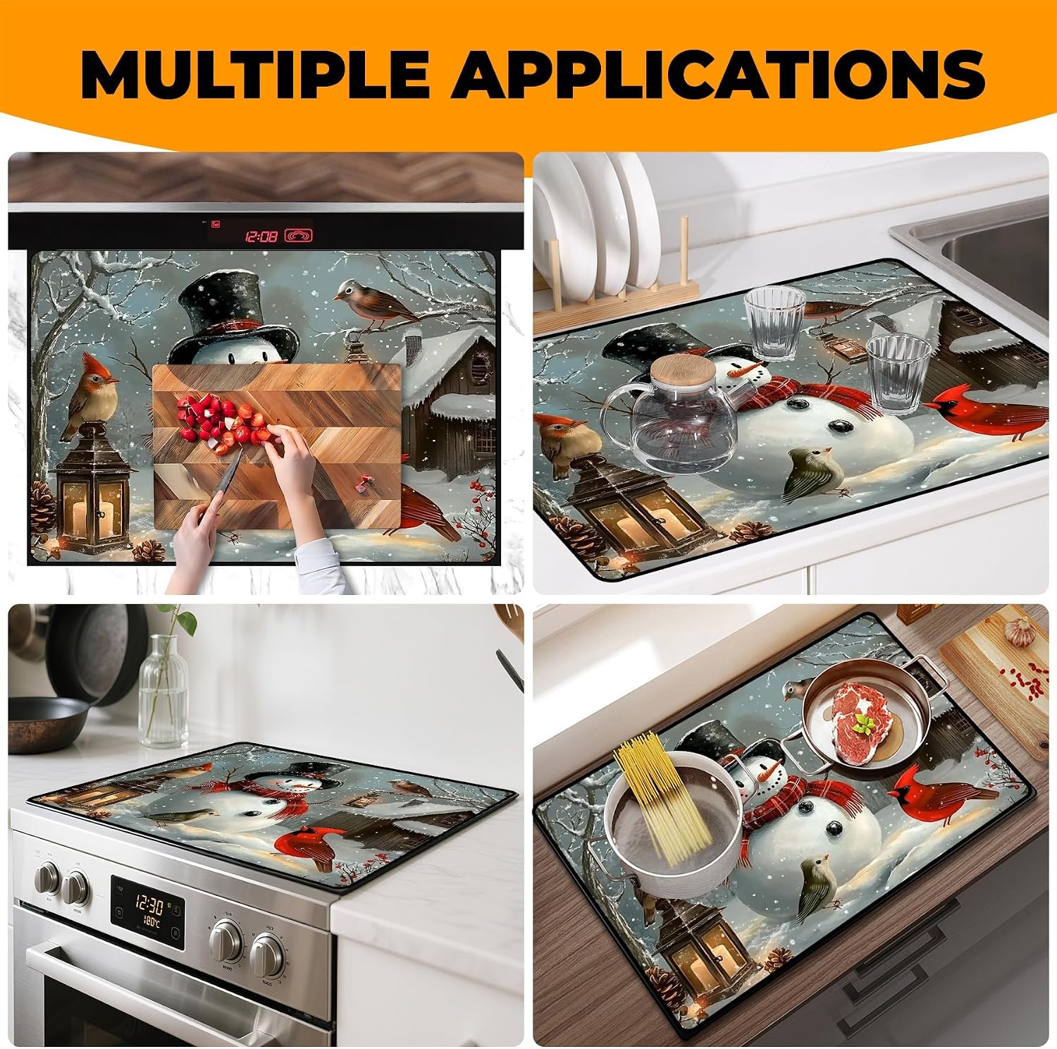 Heat-Resistant Stove Top Cover with Anti-Slip Rubber Coating – Electric Stove Protector, Scratch-Resistant, Expands Counter Space (Snowman & Bird, 28.5"L x 20.5"W)