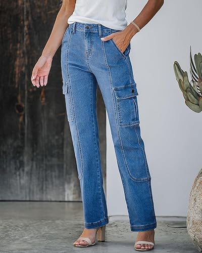 Miniatura 2 de GRAPENT Pantalones cargo para mujer, casuales, de cintura alta, holgados, elásticos, de pierna recta, traje occidental, pantalones Y2K con bolsillos