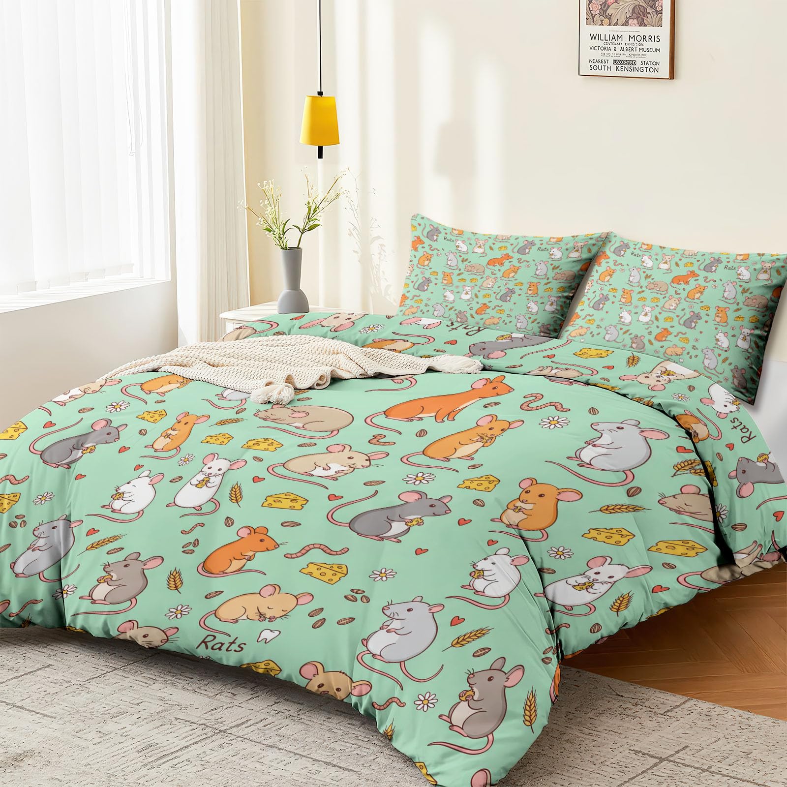 Biancheria da letto, motivo: formaggio, fiori, animali, topo, illustrazione