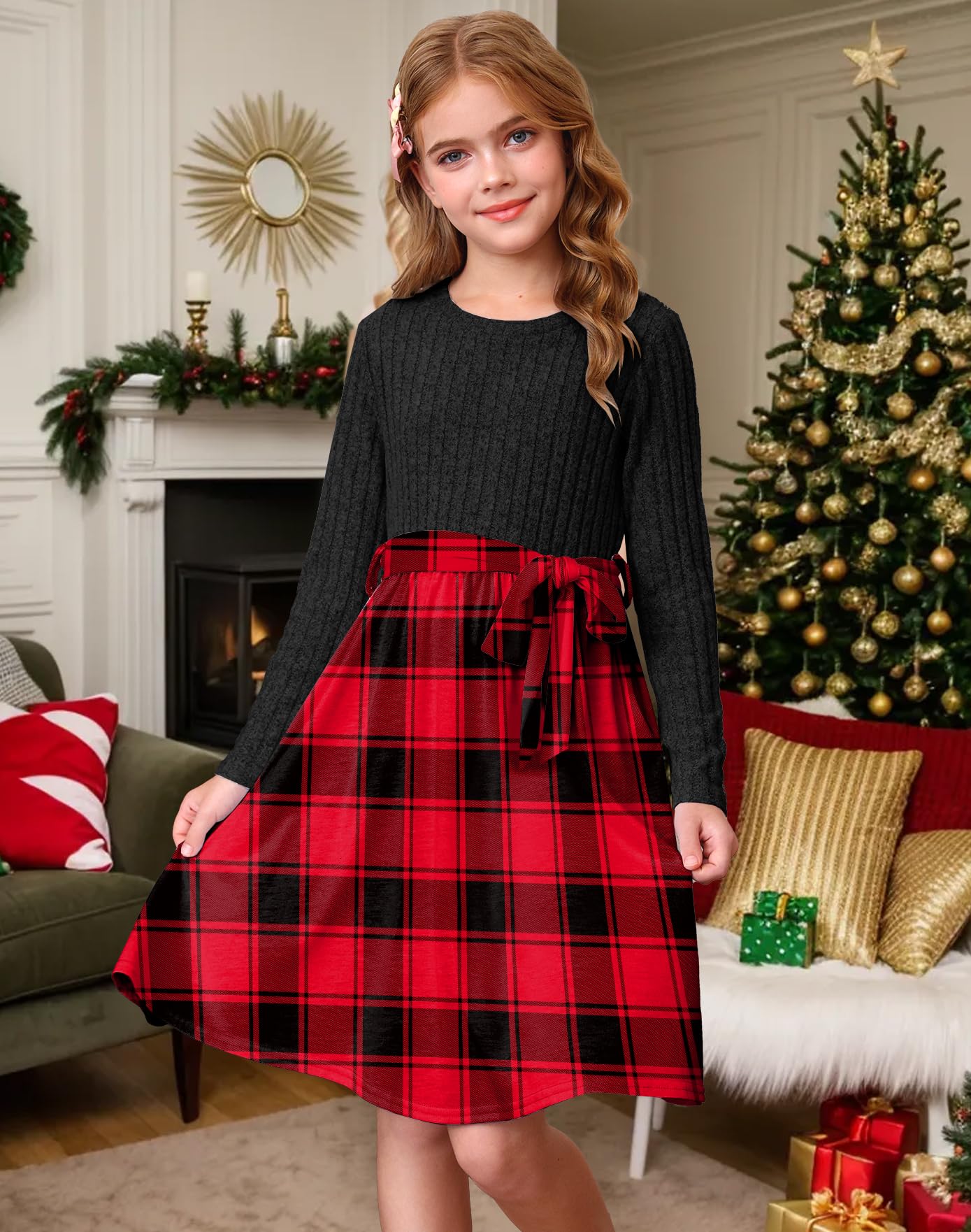 YOVION Langärmeliges Kleid für Mädchen, A-Linie, Swing, Urlaub, lässig, Strickkleider mit Gürtel, für 6–12 Jahre