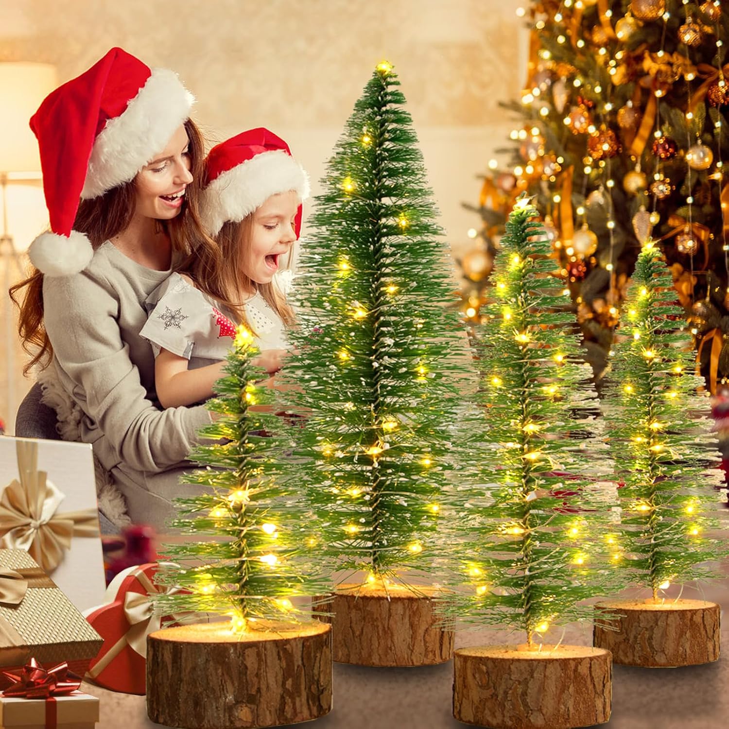 4 PCS Mini Christmas Trees, Artificial Bottle Brush Trees with 2 Modes Timer LED String Lights, Button Cell Battery Powered Desktop Small Pine Trees with Wooden Base for Home Xmas Decor (Warm White)