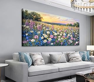Shoci Large Landscape Wall Art - Sea of Colorful Flowers Canvas Picture for Living Room Rustic Floral Field Painting Prints Decor Warm Natural Scenery Artwork Wall Art for Bedroom Decoration 29" X 58"