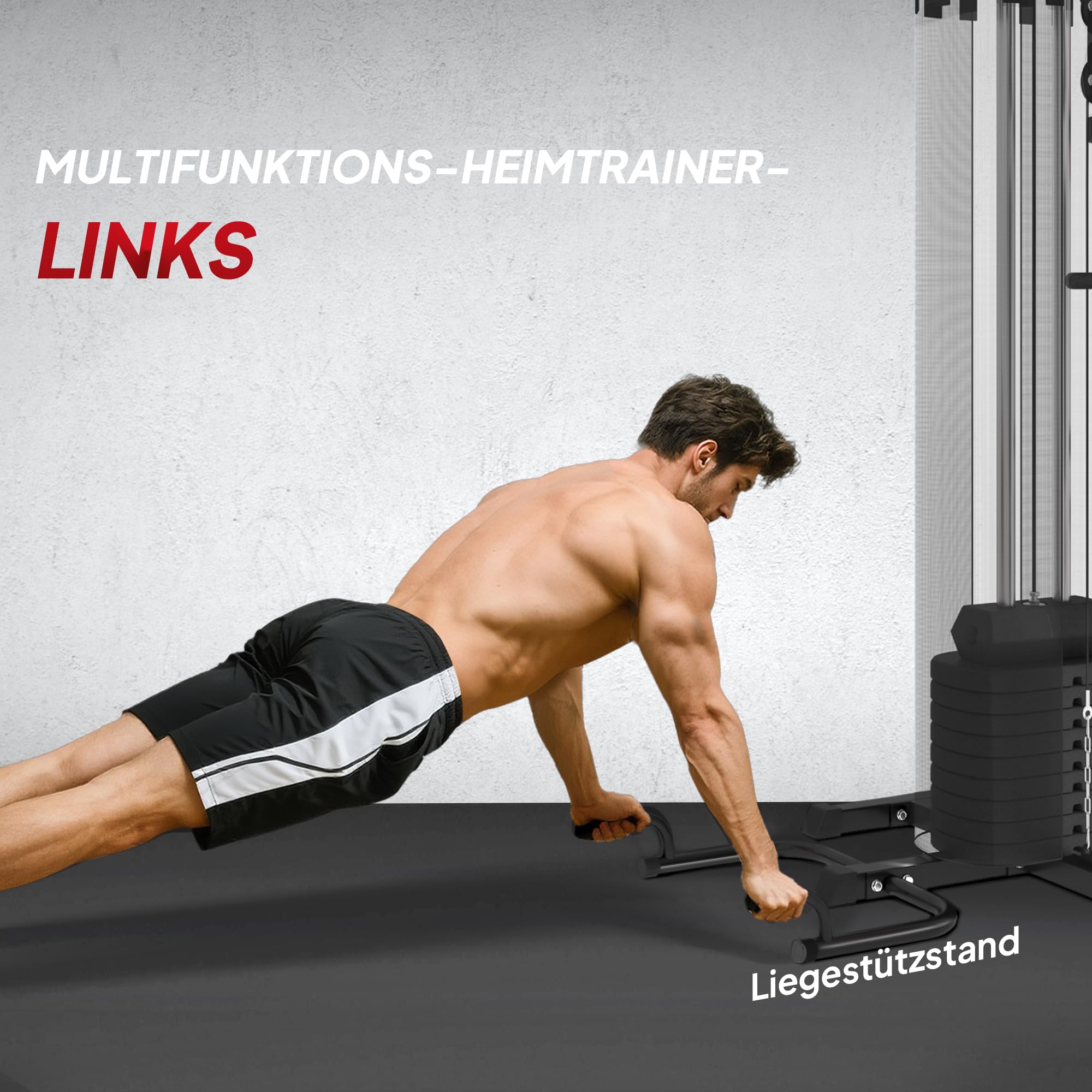 SPORTNOW Stacja siłowa, wielofunkcyjna stacja fitness z drążkiem butterfly i ściągania górnego, curler, prasa piersiowa, ławka do brzuszków, urządzenie fitness z blokami obciążeniowymi 65 kg, osłona