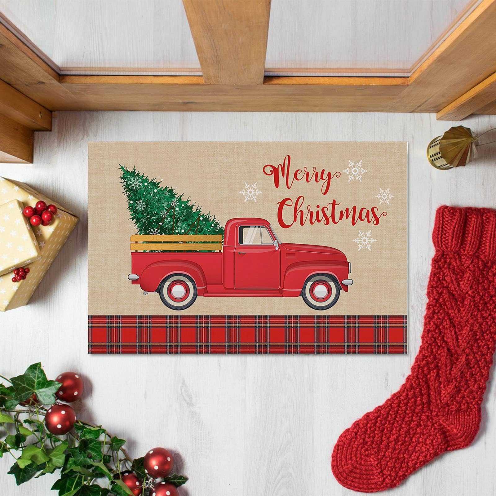 Vanproo Christmas Red Truck Dog Doormat Indoor Door Mats 23.6 x 15.7 inch Christmas Door Mats for Kitchen Bathroom Home Decor
