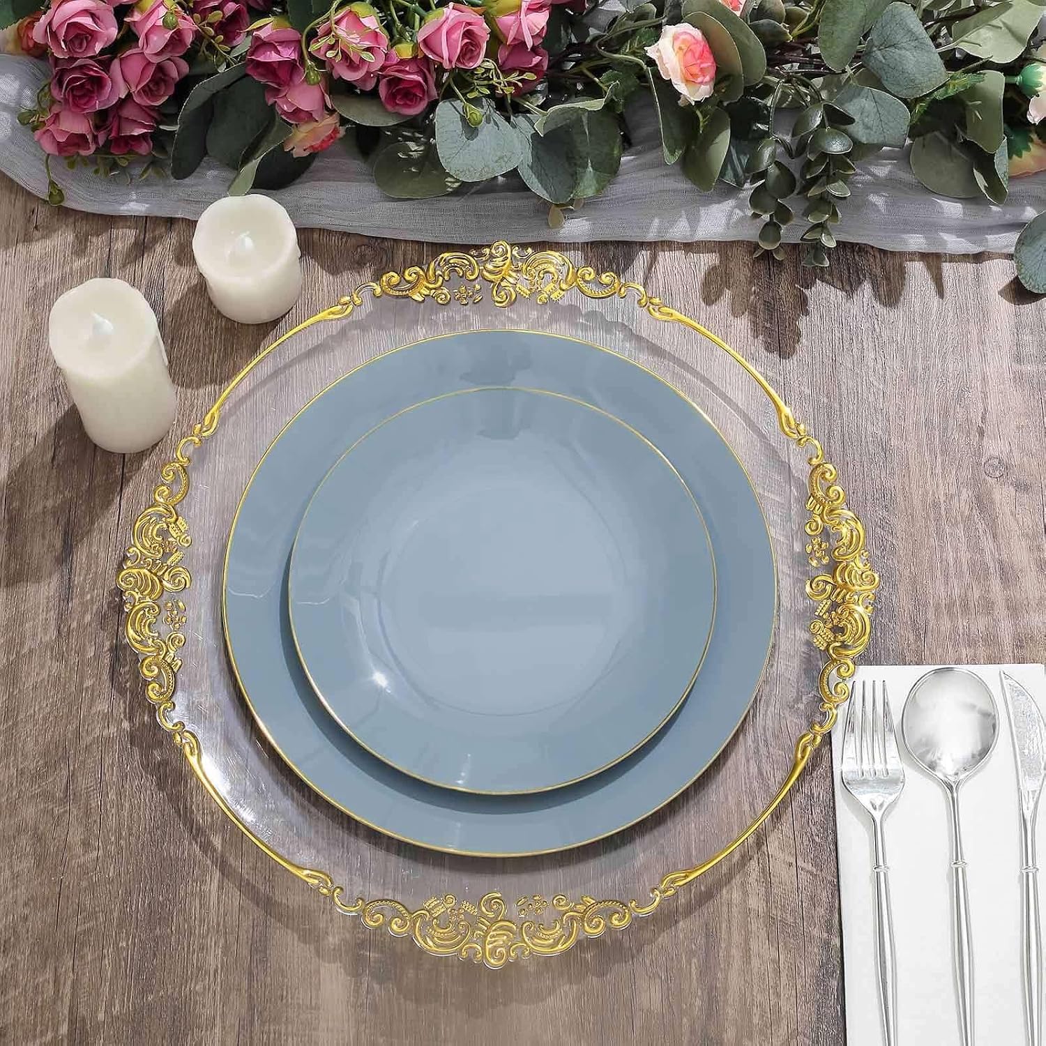 Efavormart 10-Pack 10" Dusty Blue Hammered Plastic Dinner Plates with Gold Rim, Glossy Round Serving Plates for Coastal Weddings and Formal Galas