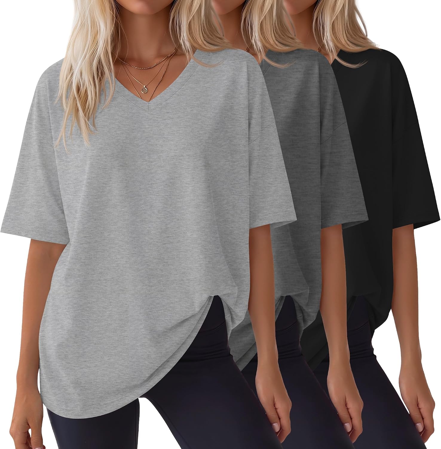 3 Pack Women's Oversized Shirts V Neck Half Sleeve Tops Workout Casual Basic Loose Sweatshirts Gym Clothes