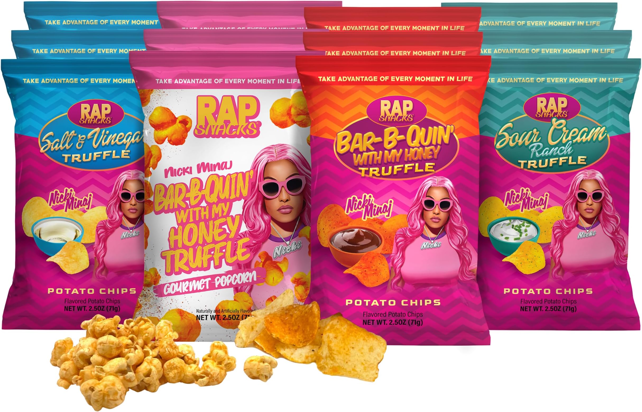 Rap Snacks Nicki Minaj Sour Cream and Truffle, Honey BBQ Truffle, and Salt and Vinegar Truffle Chips and Popcorn Variety - Pack of 12