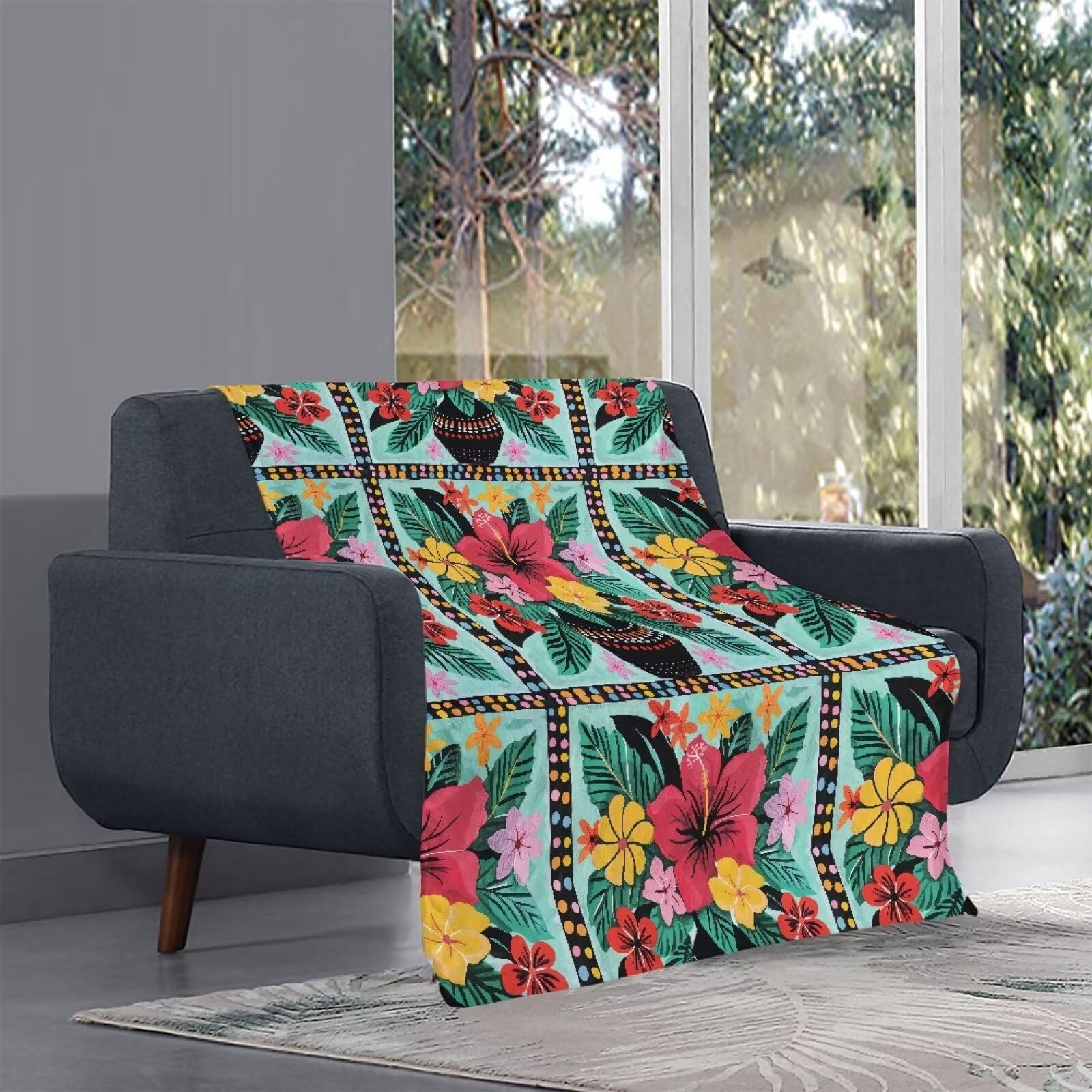 Coperta vintage con ibisco tropicale per divano, sedia, inverno, autunno, divano, copriletto, soggiorno, camera da letto, rettangolare, leggera, morbida, pelosa, per letto matrimoniale, verde