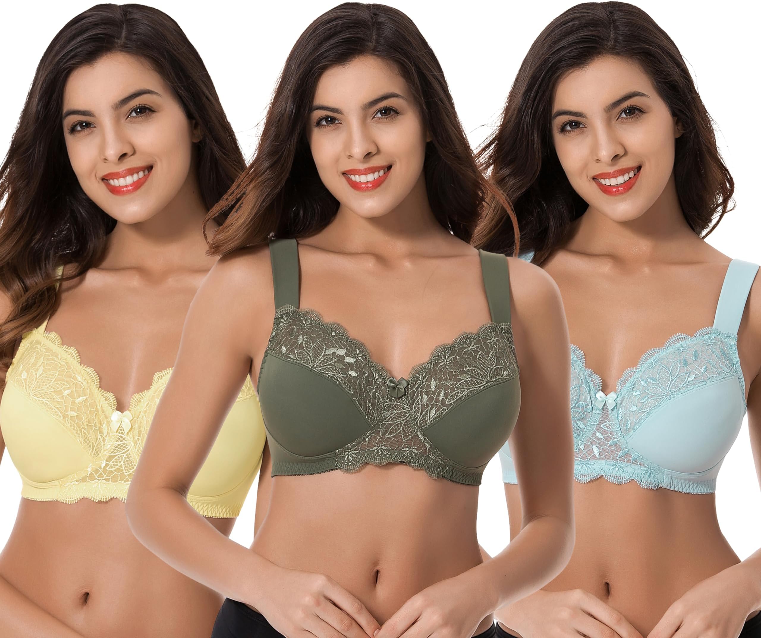 Curve Muse Plus Size Unlined Minimizer Wirefree Bras with Embroidery Lace-3Pack-Hunter Green,Yellow,Light Blue-34DD