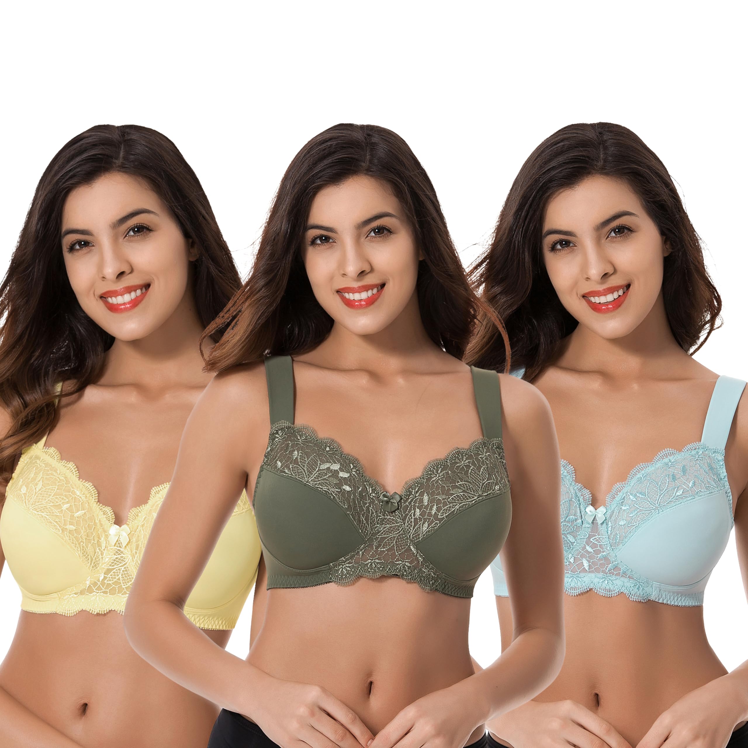 Curve Muse Plus Size Unlined Minimizer Wirefree Bras with Embroidery Lace-3Pack-Hunter Green,Yellow,Light Blue-34DD