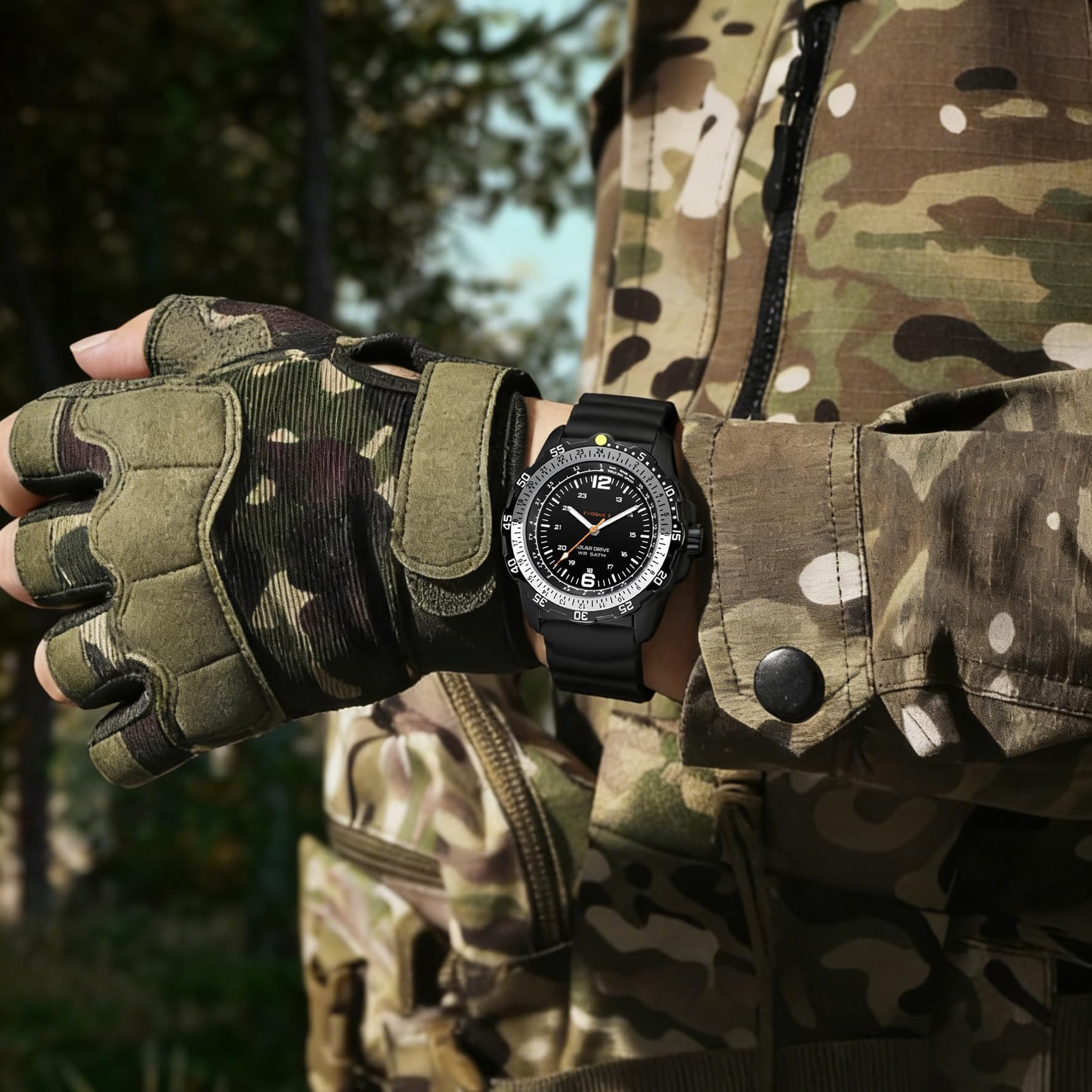 findtime Orologio solare da uomo, stile militare, analogico, sportivo, sportivo, impermeabile, tattico, alla moda, orologio da polso per uomo, lunetta girevole unidirezionale, cinturino in silicone
