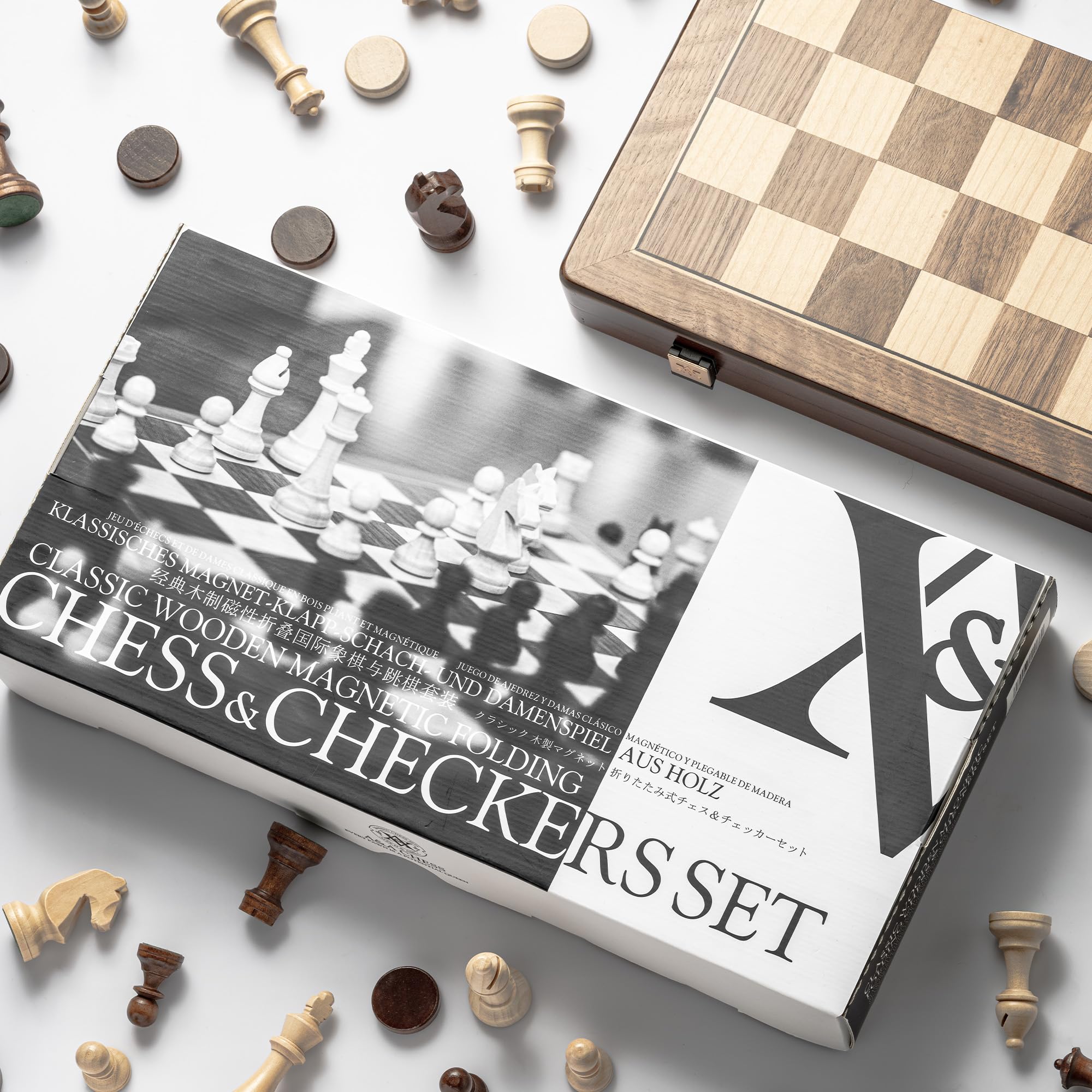 Amazon | A&A 15 inch Wooden Folding Chess & Checkers Set w/ 3 Inch