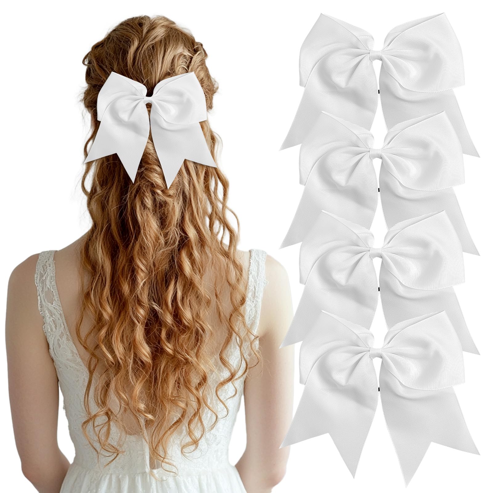 J.CARP Hair Bows Hair Ribbon, Bow Hair Ties, Ribbon Hair Bows for Women Girls Kids, Elastics Hair Scrunchies for Thick Thin Hair 4PCS White