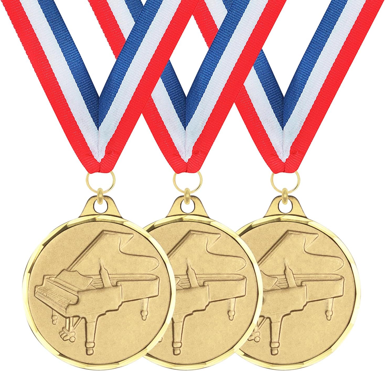SHOP AWARDS AND GIFTS 1-1/4 Inch Piano Die Struck Brass Award Medal, Gold Finish, Diamond Engraved Borders, Attached to a Red, White, and Blue Ribbon
