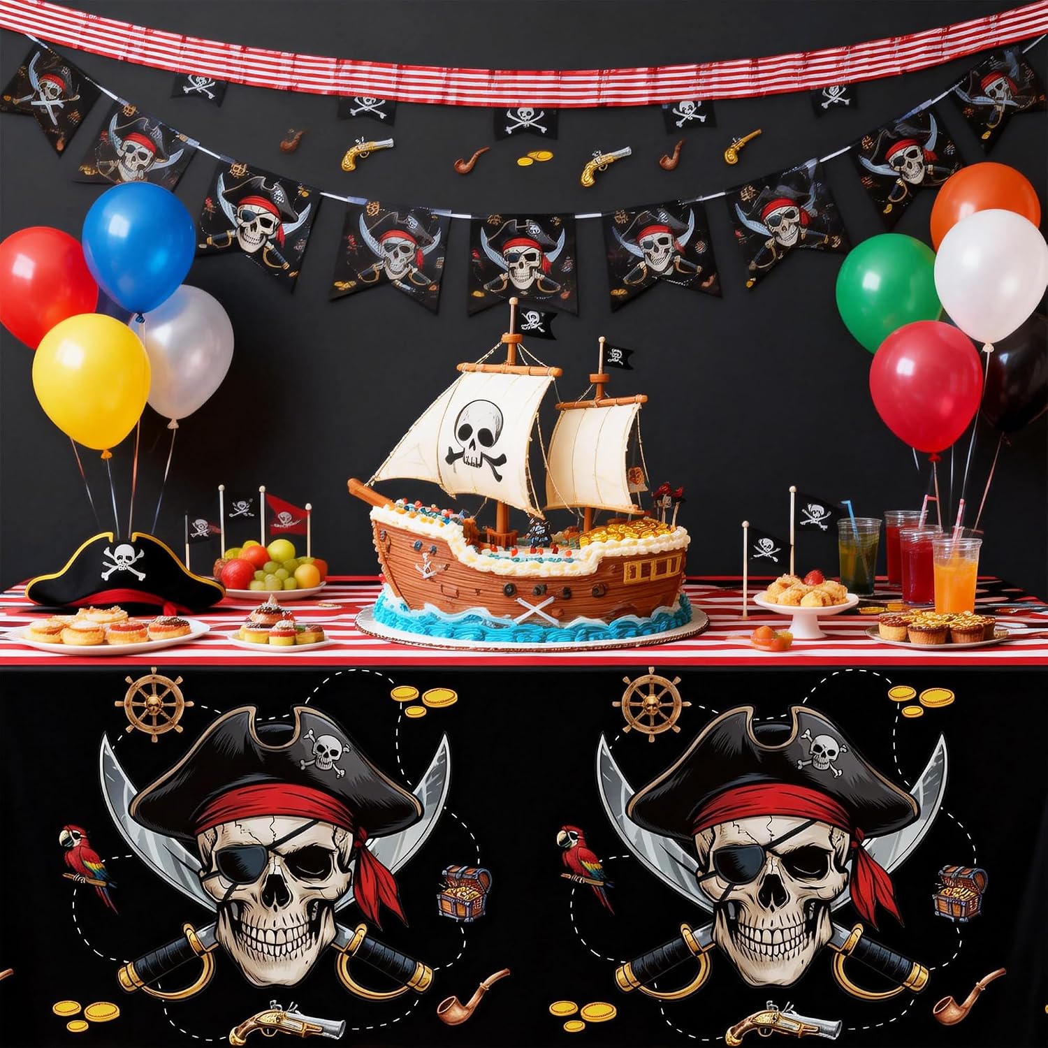 Pirate Party Tablecloth Decorations, 3 Pack Disposable Red Striped Black Rectangular Skull Theme Pirate Table Cover for Nautical Adventure Birthday Baby Shower, 55in x 86in