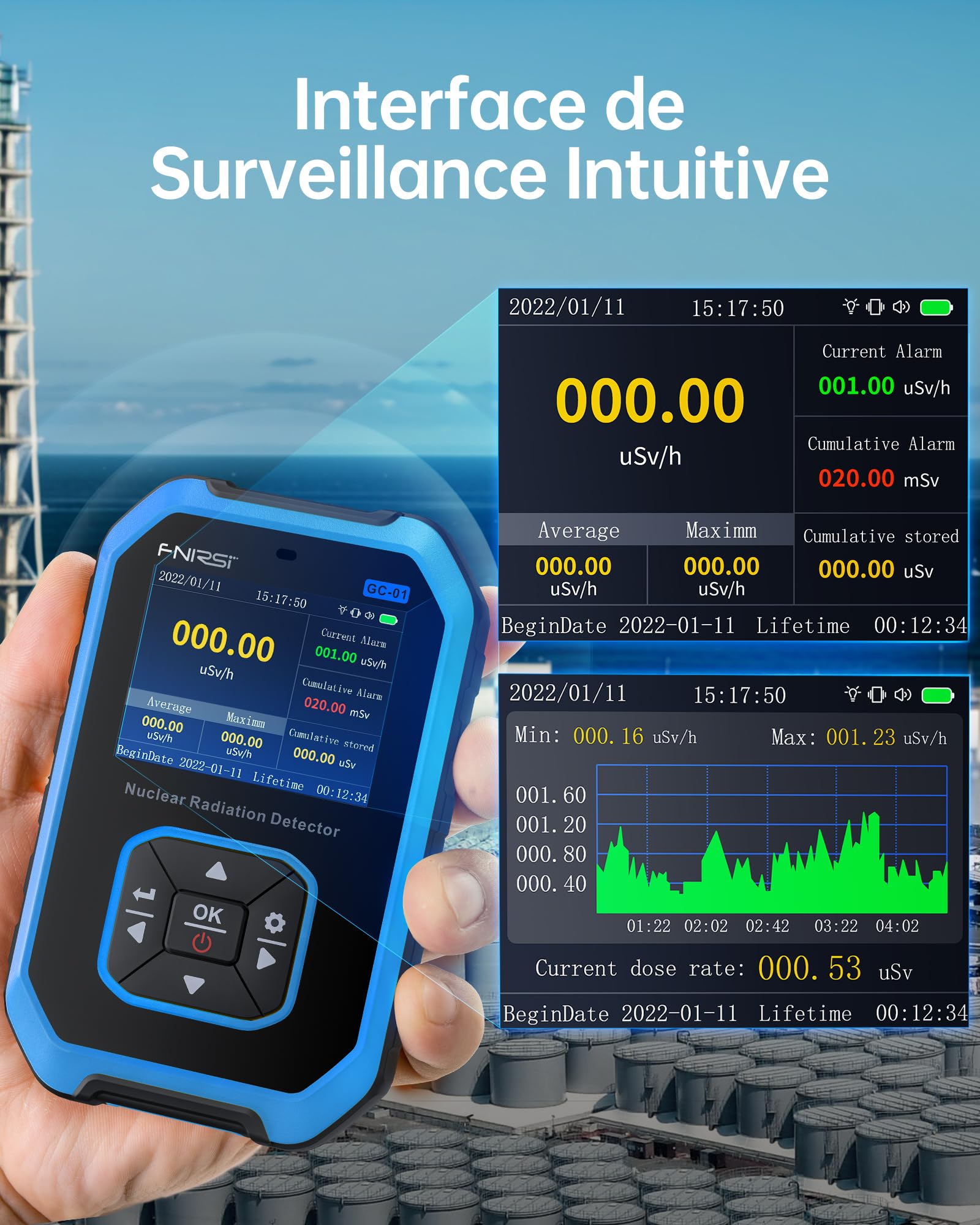 FNIRSI GC-01 Geiger Compteur de rayonnement nucléaire, dosimètre de rayonnement avec écran LCD, Portable Portable Beta Gamma X-Ray Rechargeable, 5 unités de Dosage, 0,0 μSv-500 MSV