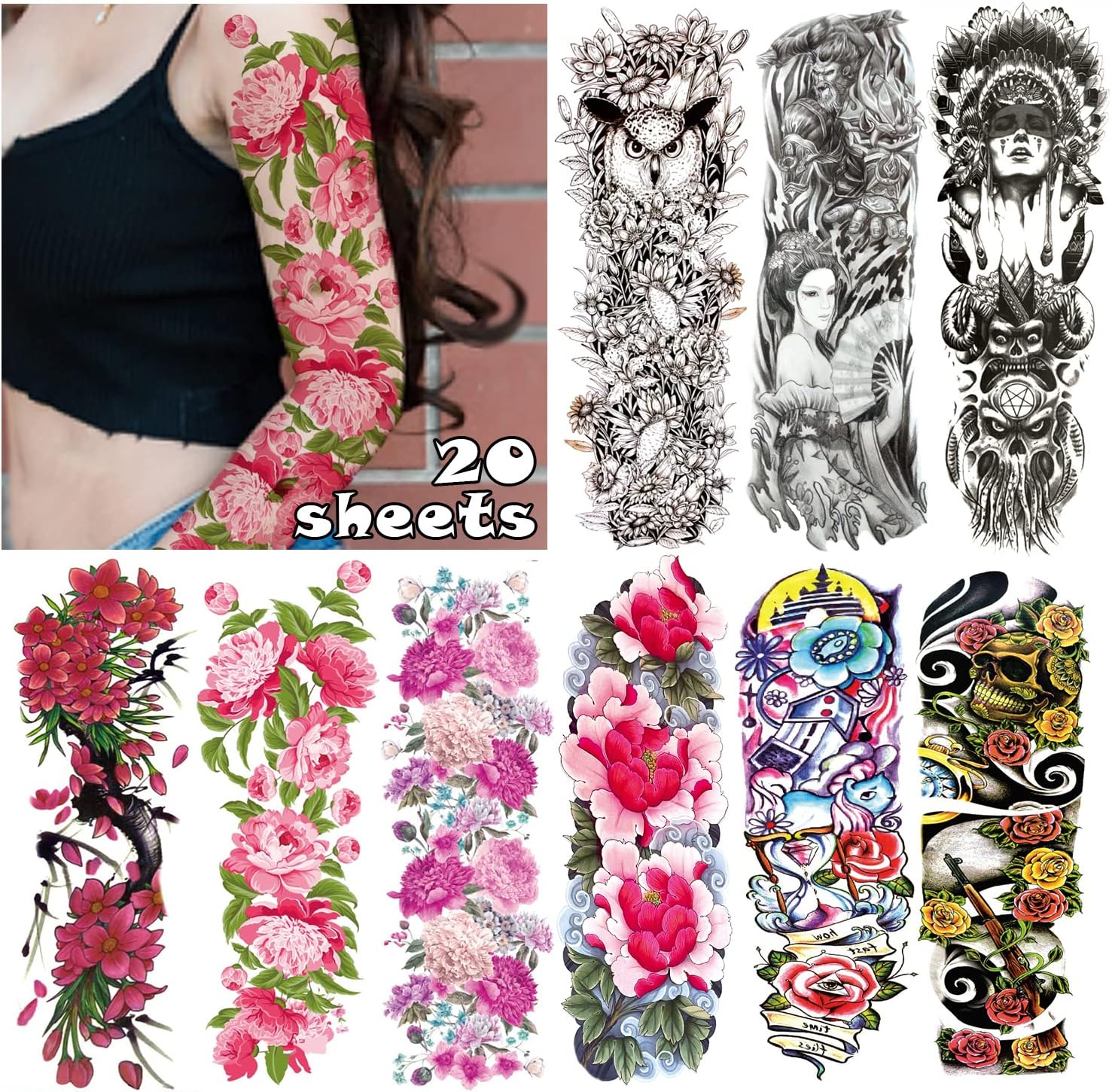 Cerlaza-20 Sheets Temporary Tattoo Sleeves for Women Adults, Full Arm Sleeve Temporary Fake Tattoo Stickers, Semi Permanent Sleeve Tattoos Leg Makeup Waterproof Realistic