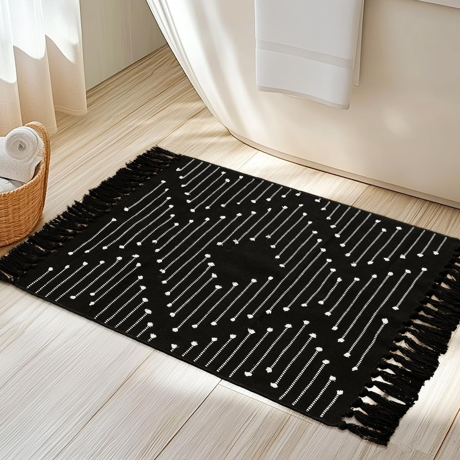Tritard Boho Bathroom Rug 2x3 - Woven Cotton Washable Area Rugs with Tassels Small Aztec Entryway Throw Rugs Farmhouse Bath Door Mat Low Pile for