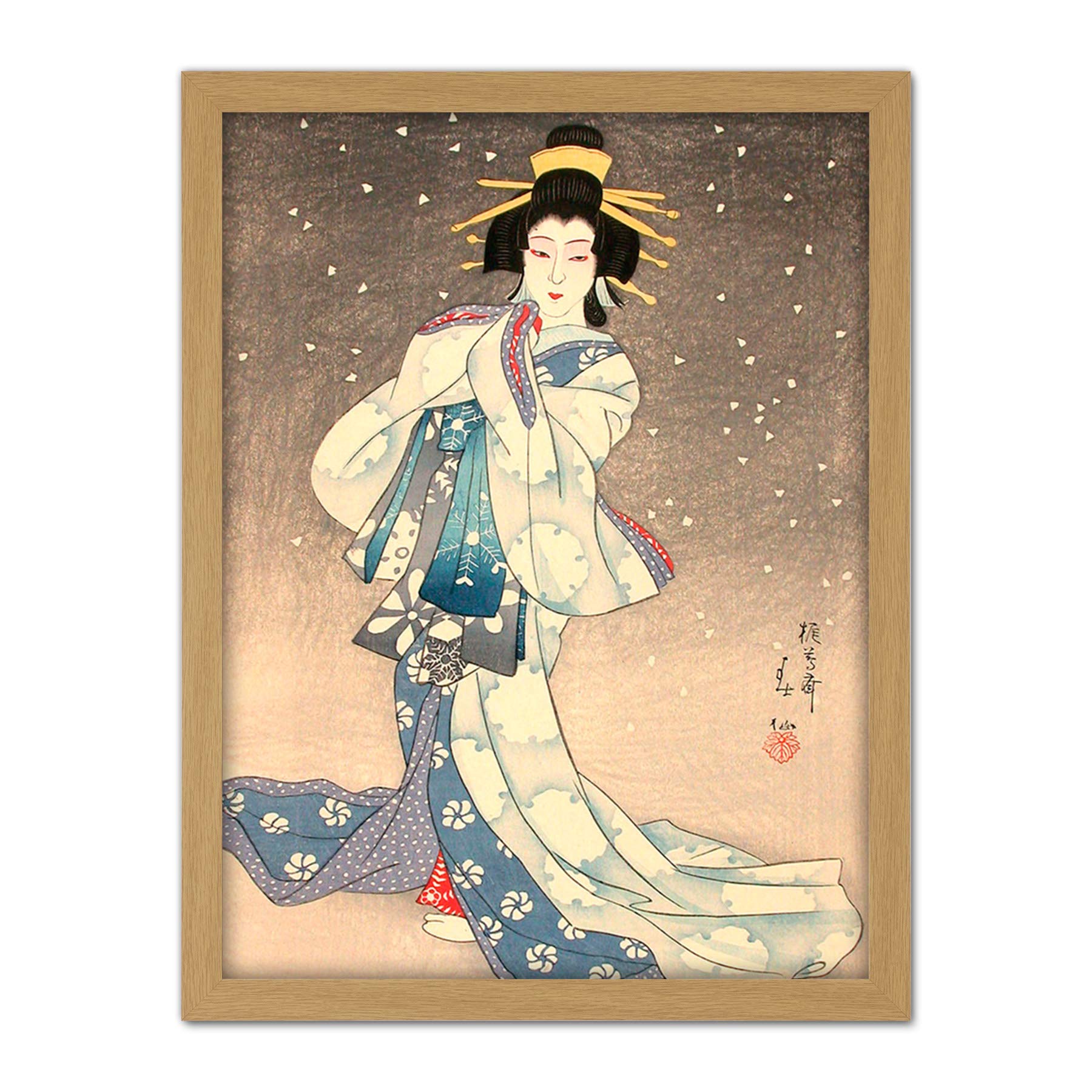 Wee Blue Coo Natori Shunsen Japanese Kabuki Theatre Geisha Artwork Framed Wall Art Print 18X24 Inch