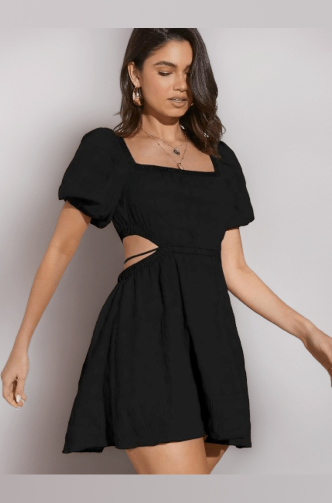 Women's & Girl's Fit and Flare Black Solid Summer Beach Square Neck Puff Sleeve Cut Out Waist Mini Dress