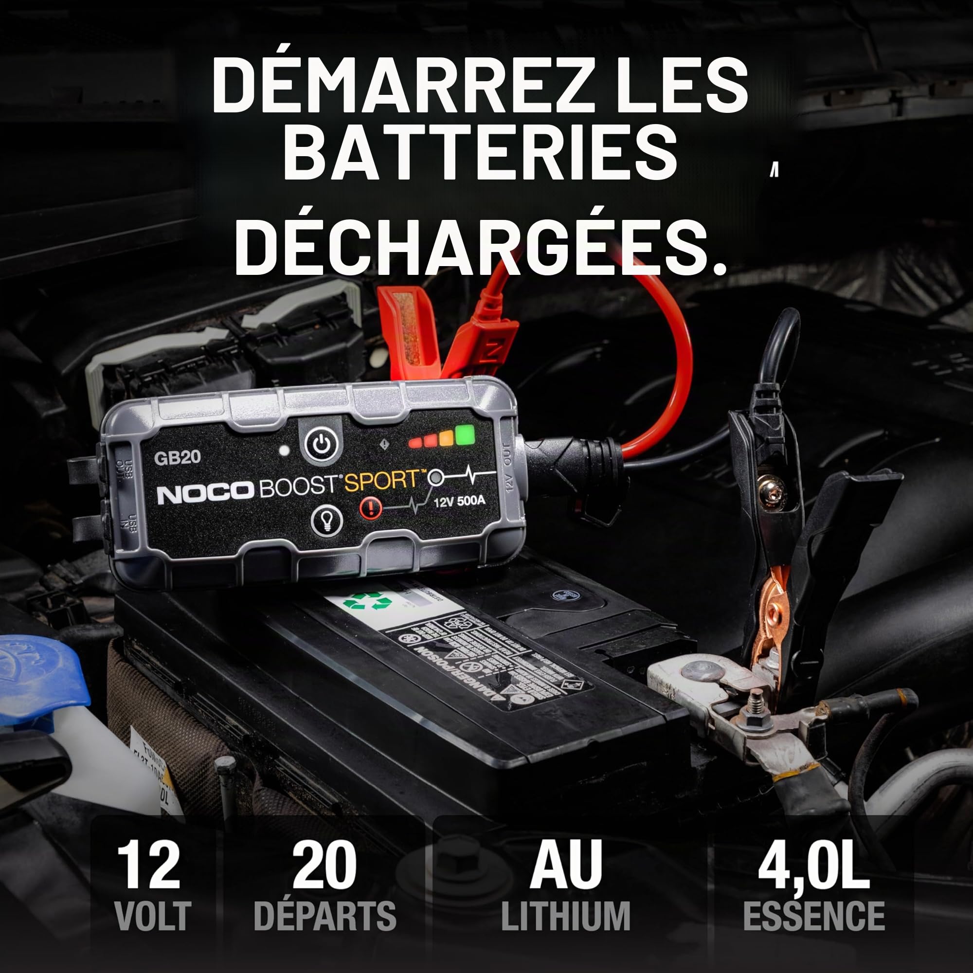 NOCO Boost GB20: Booster Batterie UltraSafe 500A – Démarreur Lithium 12V Portable avec Powerbank et Chargeur USB – pour Moteurs Essence 4,0L