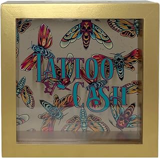Hucha de madera con ventana y carcasa blanca - Ahorra dinero para tus tatuajes (caja dorada con motivos de tatuaje de colores)