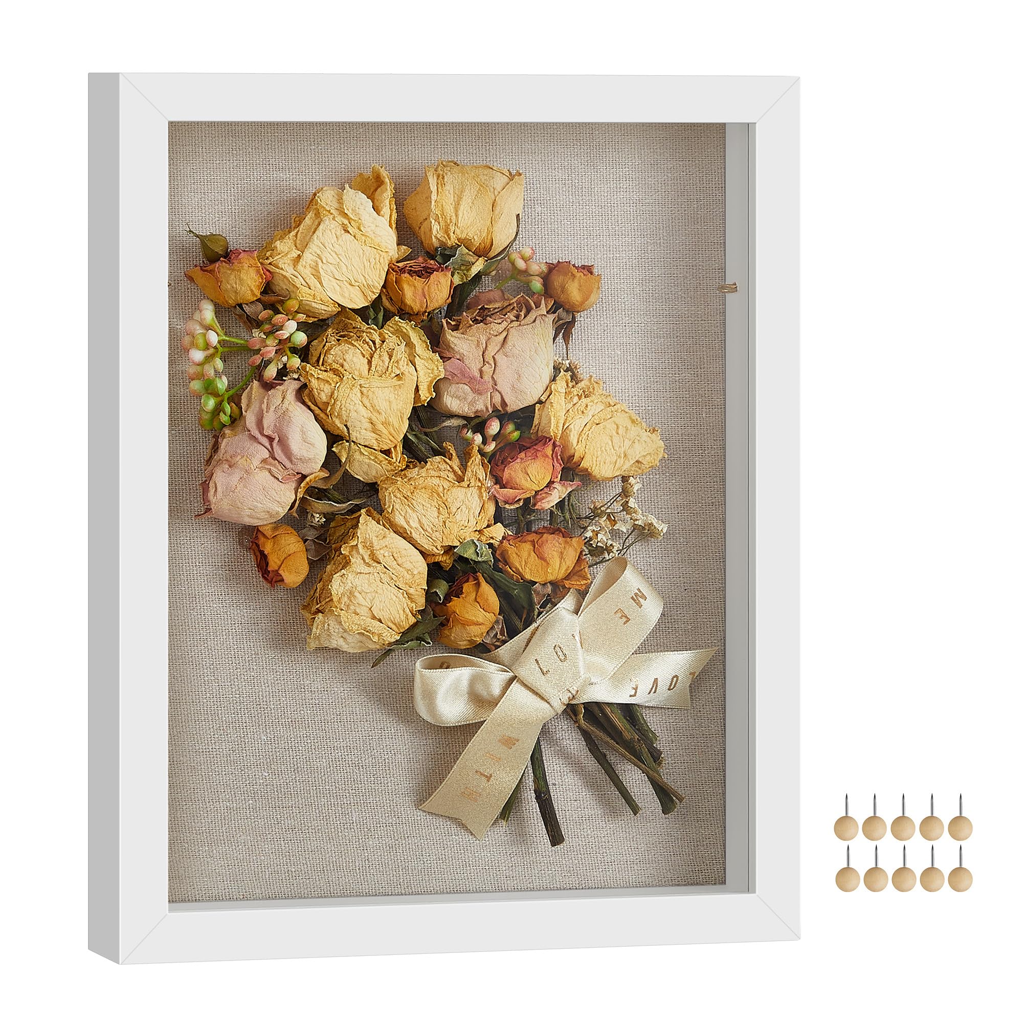 SONGMICS 3D Bilderrahmen zum Befüllen, Fotorahmen mit Schnur, Klammern, Stecknadeln, DIY, Schaumstoffplatte mit Leinenoberfläche, Glas, MDF, 22,5 x 4 x 27,5 cm, Geschenkidee, weiß RPF007W01