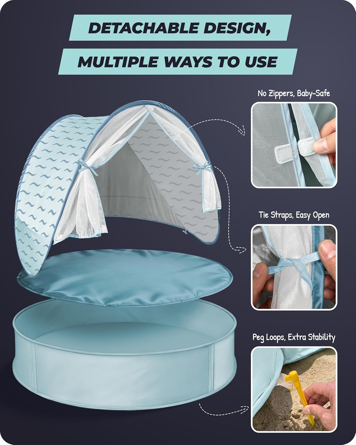 Baby Beach Tent with Pool, 3-in-1 Upgrade Pop Up UPF 50+ Sun Protection Shelter with Mosquito Net Babies Toddlers Portable Outdoor Summer Essentials for Beach, Backyard, Indoor- Blue Wave