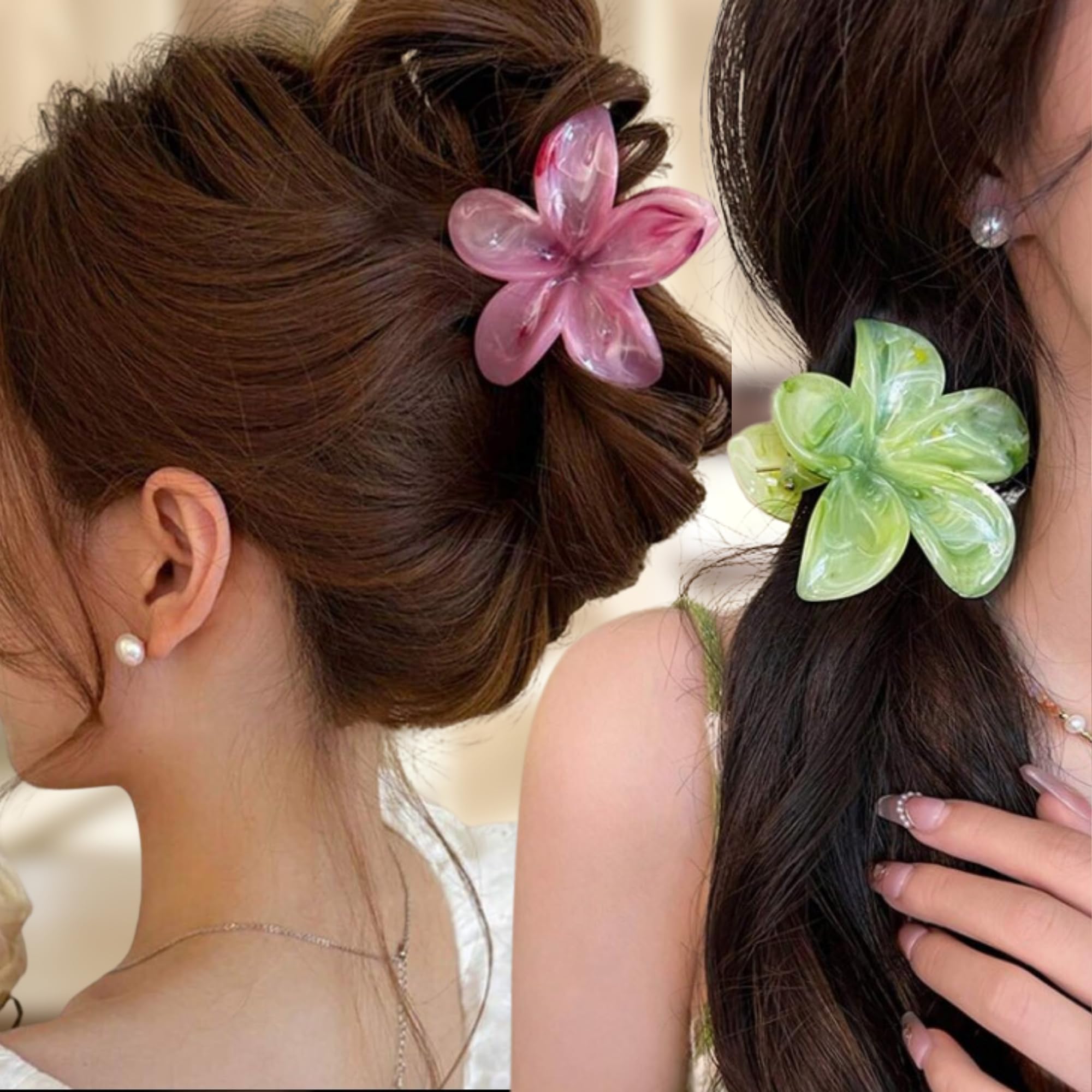 Set of 3 Large Hawaiian Flower Hair Clips 3 Colours, Pink, Pale Pink and Green Bohemian Chic Hair Accessories for Women - Image 4