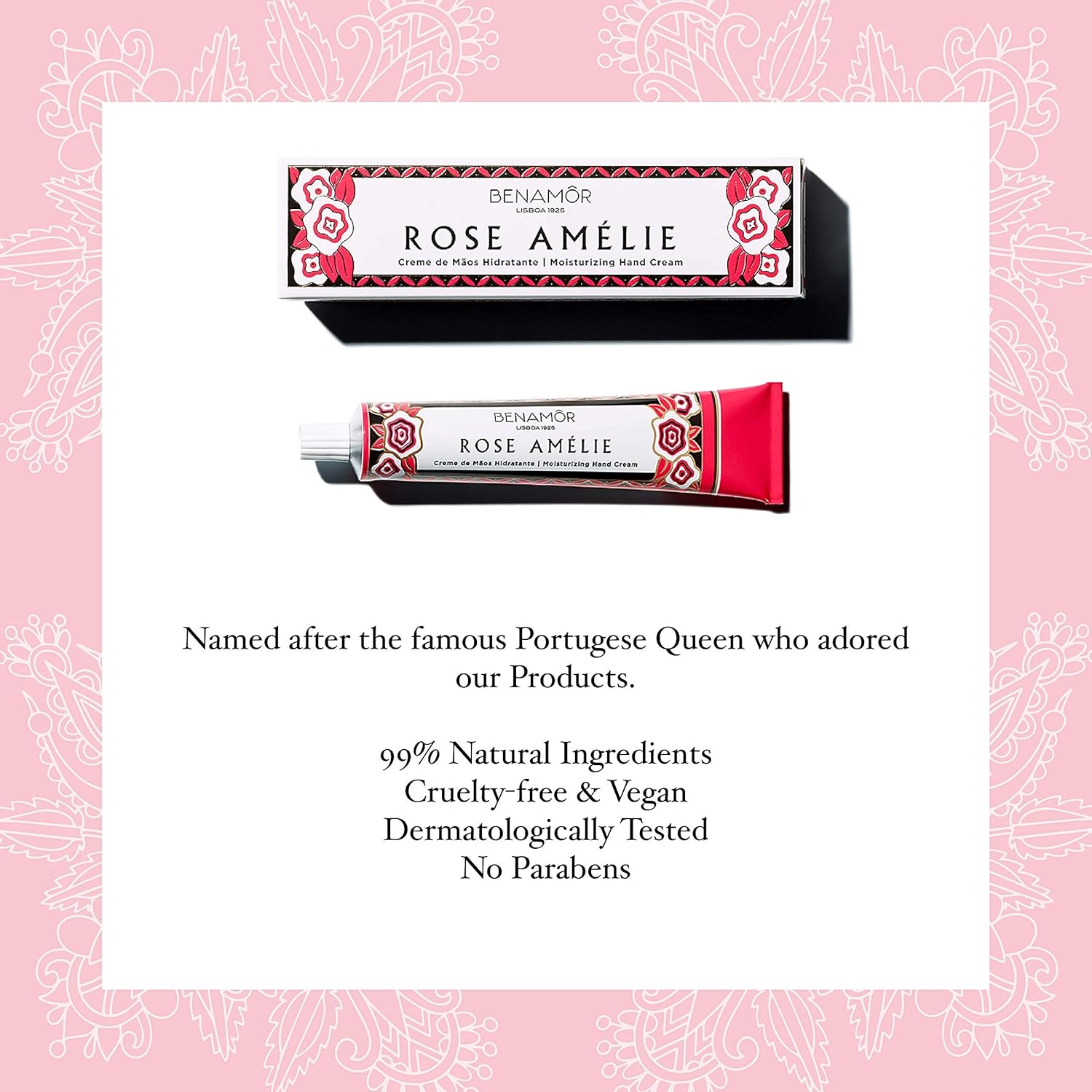 Benamôr Rose Amelie Moisturizing Hand Cream | Rose Scented Hand Cream with Shea Butter | Argan Oil Cream for Women | All Natural Rose Hand Lotion | Great Hand Lotion Favors - 1.69 fl.oz.