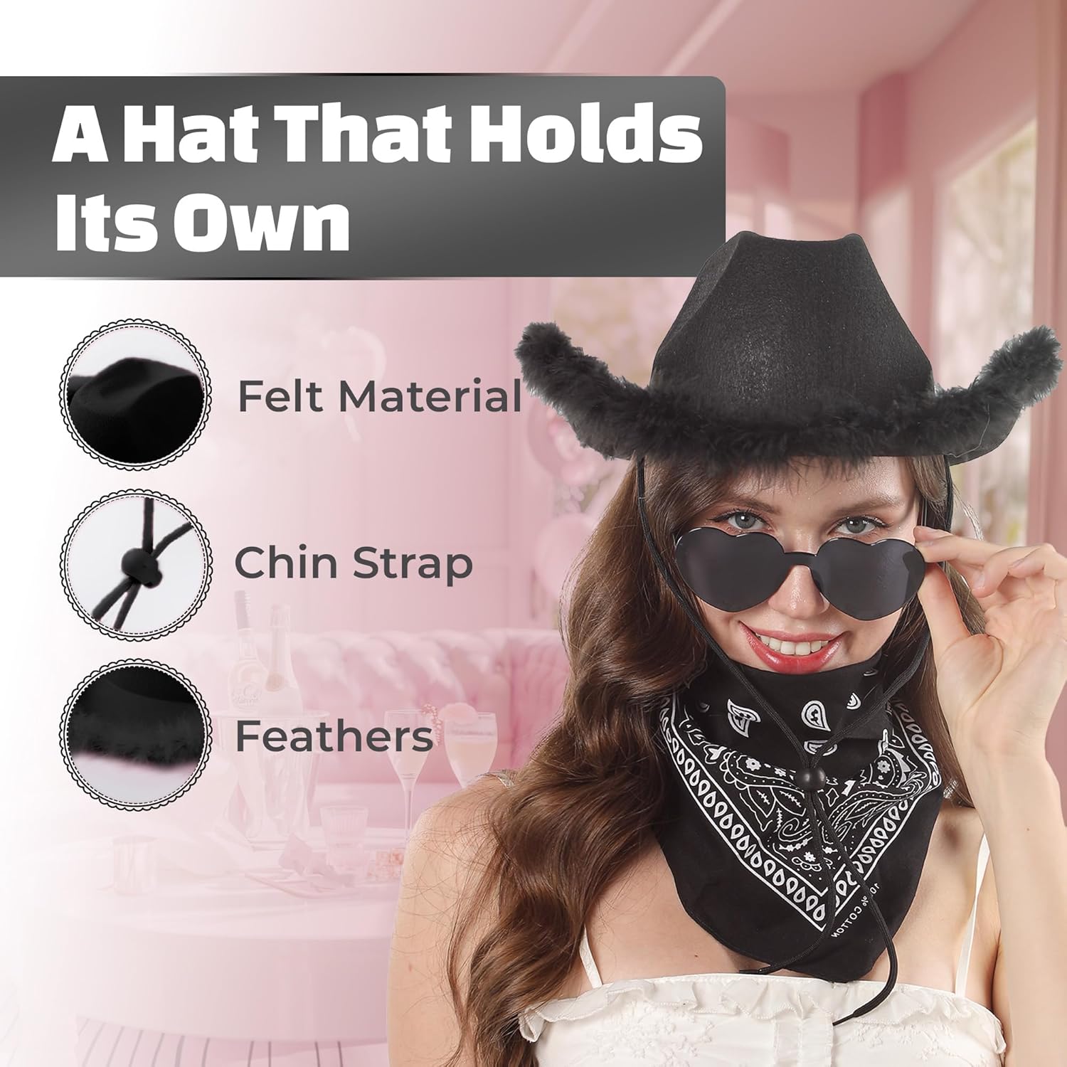 Pink Cowgirl Hat with Bandana and Sunglasses - Pink Cowboy Hat for Women and Teens, Fun Cow Girl Hat, Cowgirl Costume - Image 3