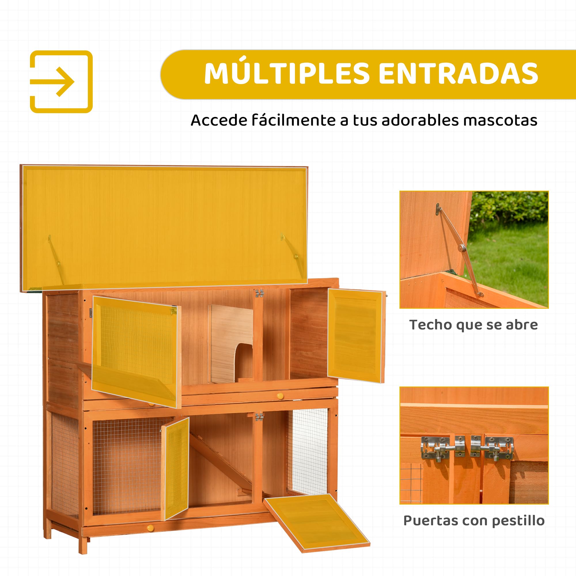 PawHut Conejera de Madera Exterior de 2 Niveles, Jaula para Conejos con Techo de Asfalto Abatible, Puertas, Rampa y 2 Bandejas Extraíbles, 120x48x100 cm, Madera Natural