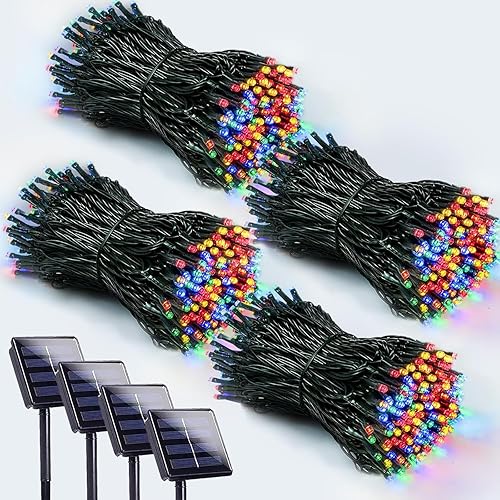 Paquete de 4 400 luces LED solares de Navidad para exteriores, luces solares para exteriores con 8 modos de iluminación, cable verde impermeable,