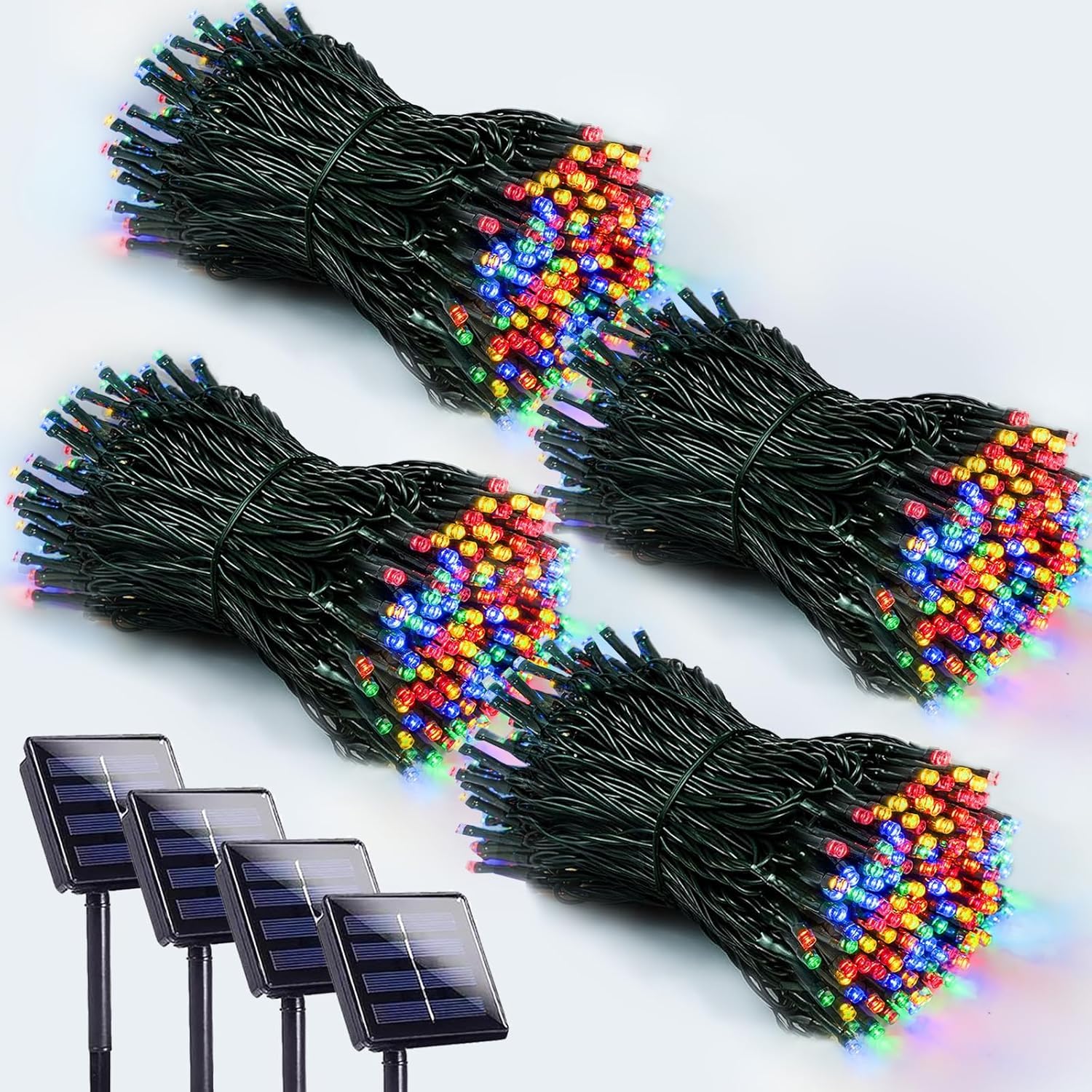 EEW 4 Stück 400 LED Solar-Lichterkette für außen, Solar-Weihnachtsbeleuchtung mit 8 Beleuchtungsmodi, wasserdicht, grüner Draht, Solar-Lichterkette für den Außenbereich, für Baum, Weihnachten, Party