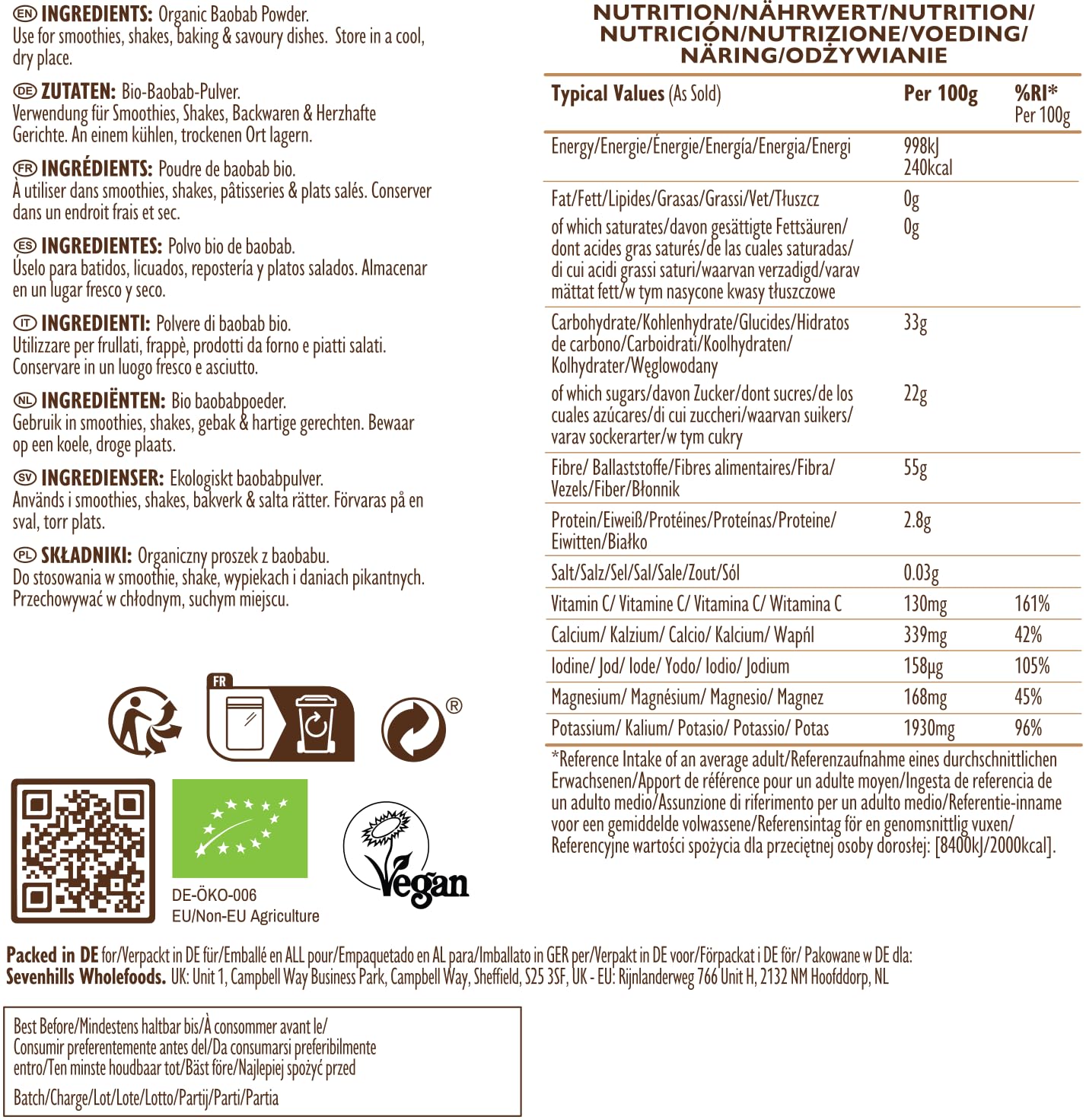 Sevenhills Wholefoods Organiczny Surowy Baobabu W Proszku 1kg