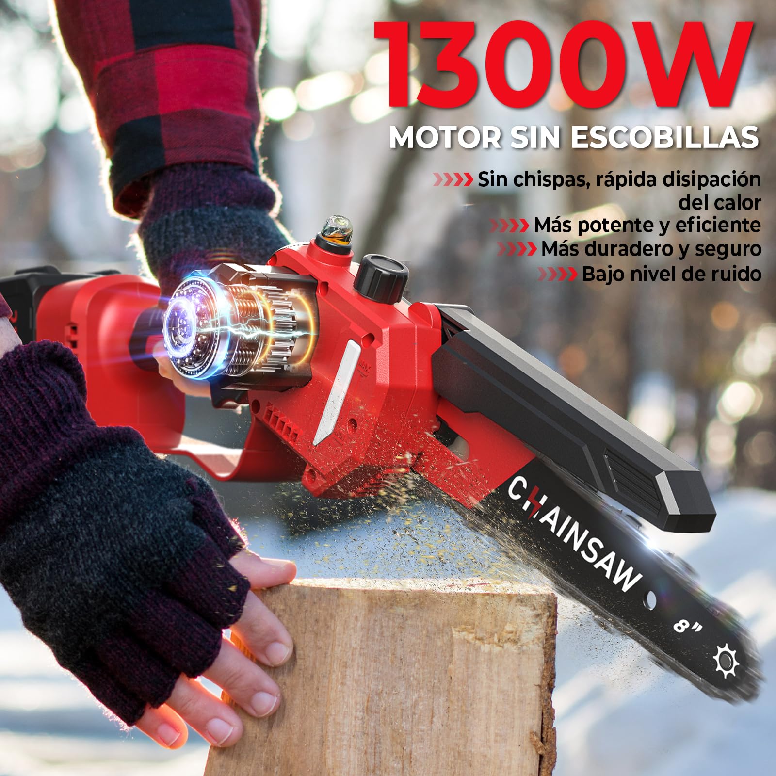 Mini Motosierra Bateria 6 y 8 Pulgadas, 8000mAh Motosierra Eléctrica, 1300W Motor Sin Escobillas Motosierras de Mano, Minimotosierras de Batería para Jardinería, Compatible con las Baterías de Makita