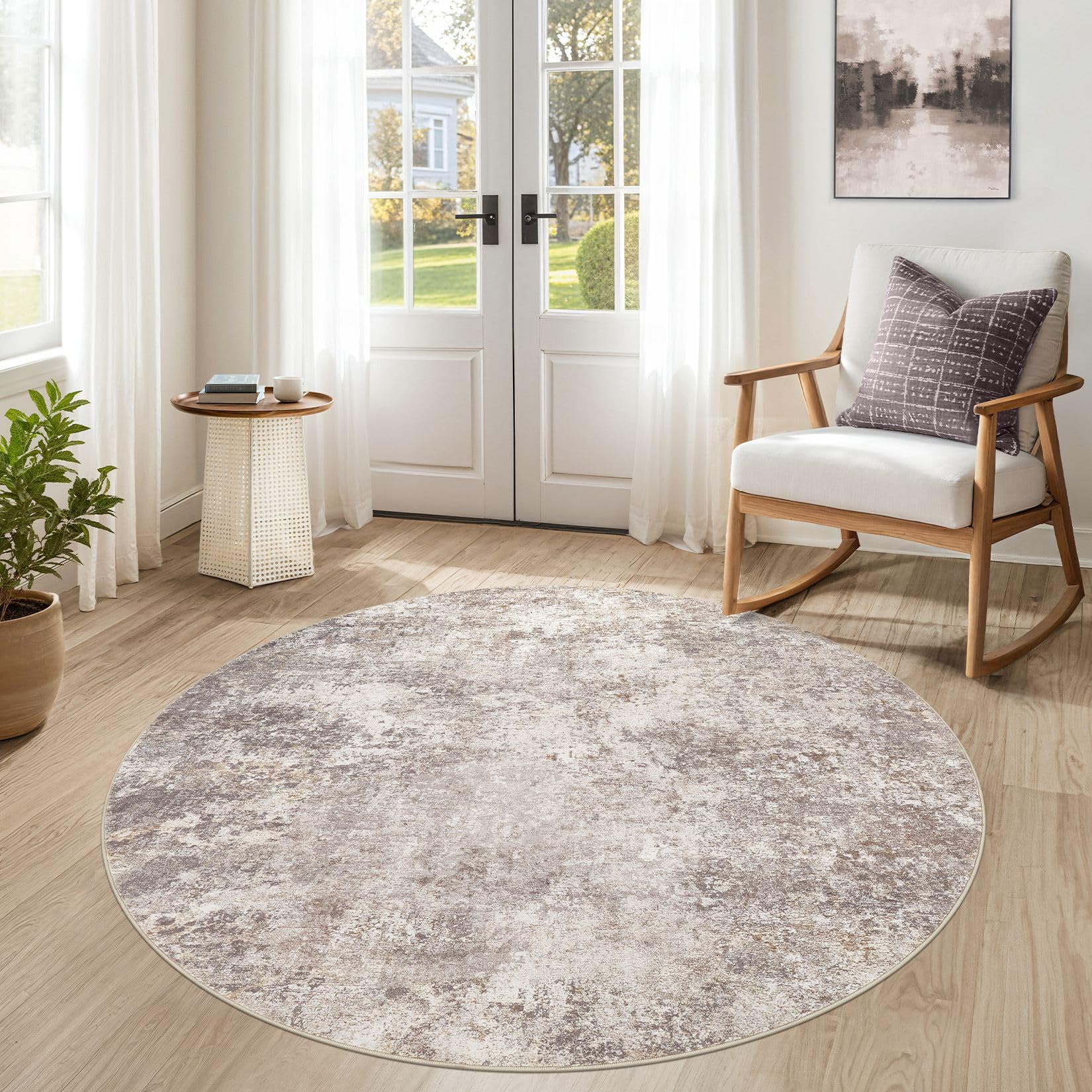 DMOYEST 5ft Round Area Rug Living Room Rugs - 5x5 Washable Large Soft Indoor Neutral Modern Abstract Low Pile Rug Carpet for Bedroom Dining Room Farmhouse Home Office - Brown